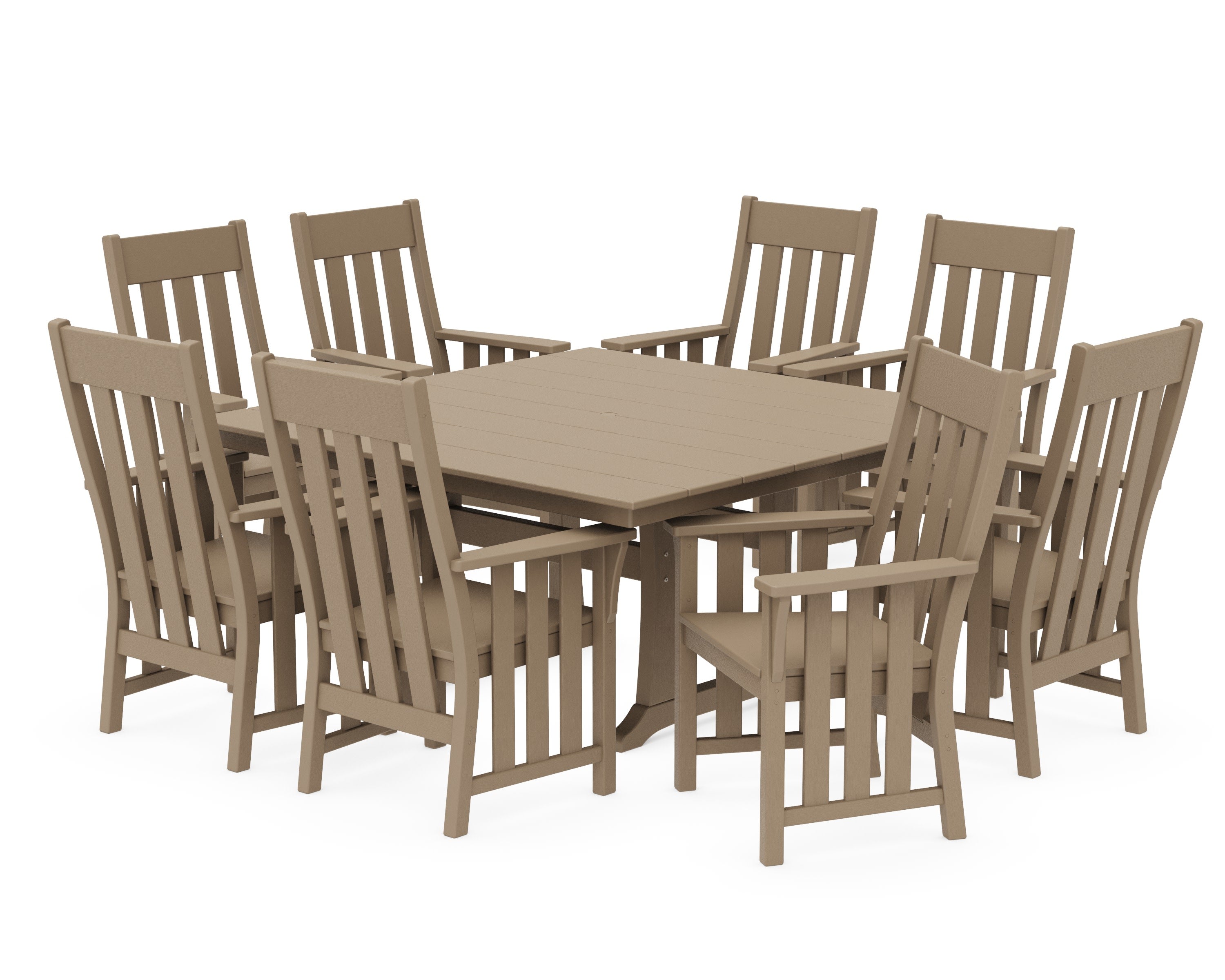 Acadia 9-Piece Square Farmhouse Dining Set with Trestle Legs in Vintage Sahara