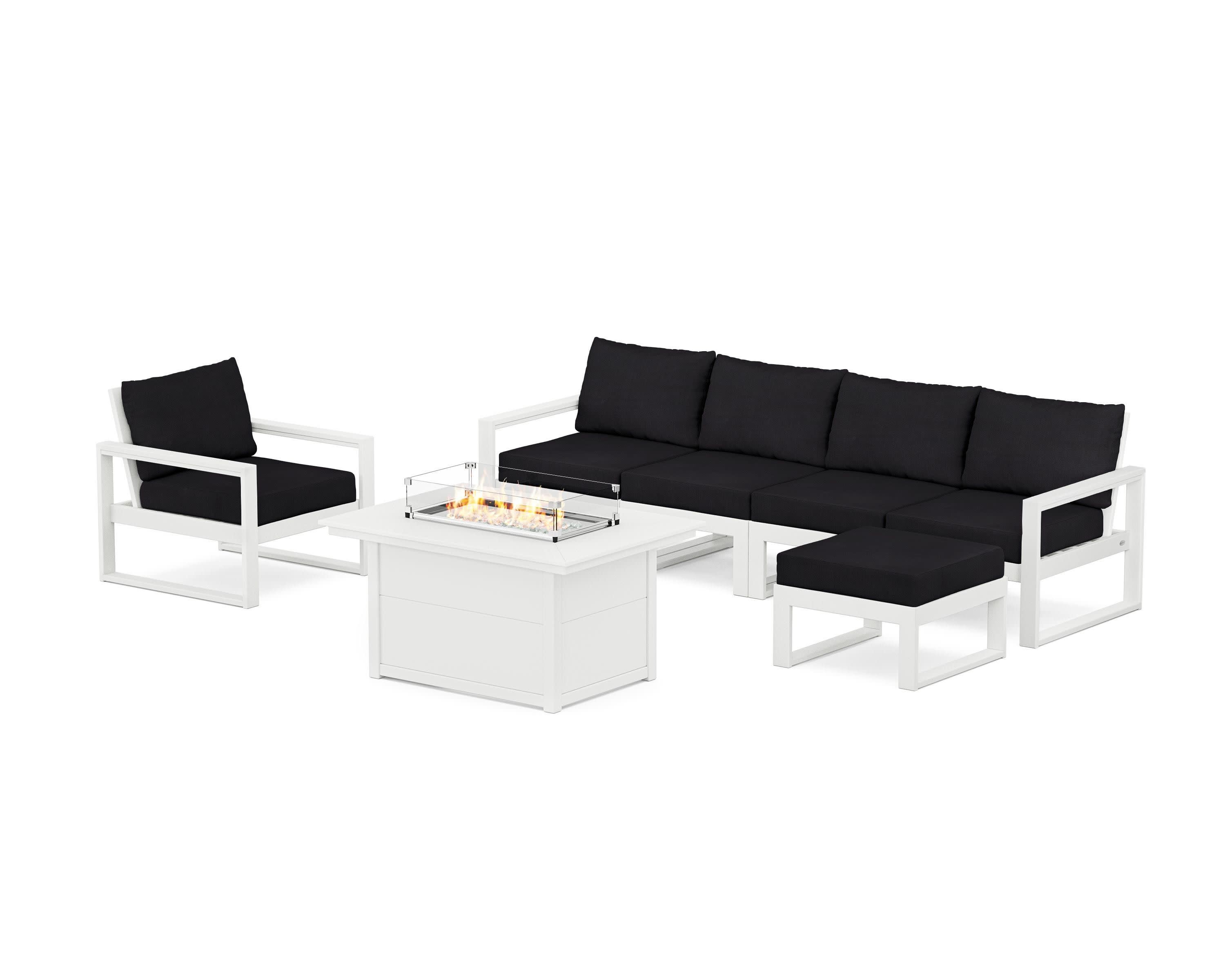 EDGE Sectional Lounge and Fire Pit Set in White / Midnight Linen