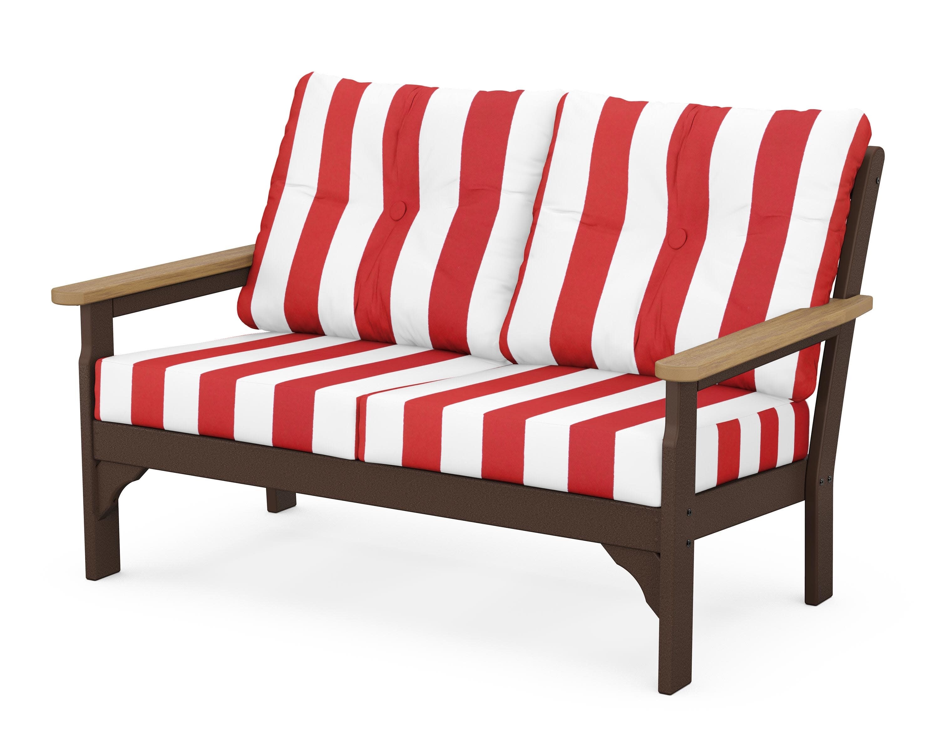 Vineyard Deep Seating Loveseat in Mahogany / Natural / Cabana Stripe Crimson
