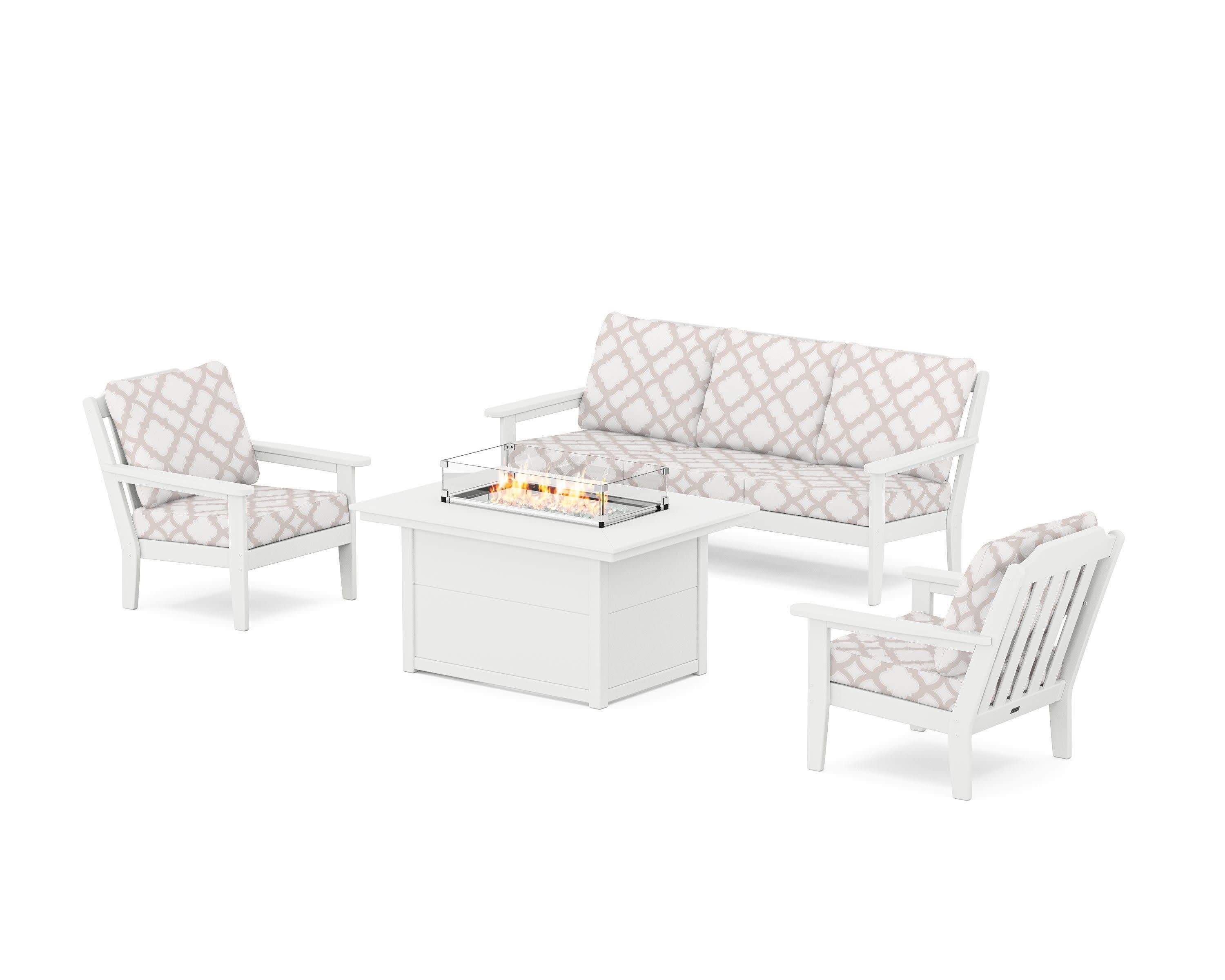 Cottage Deep Seating Fire Pit Table Set in White / Trellis Dune Burlap