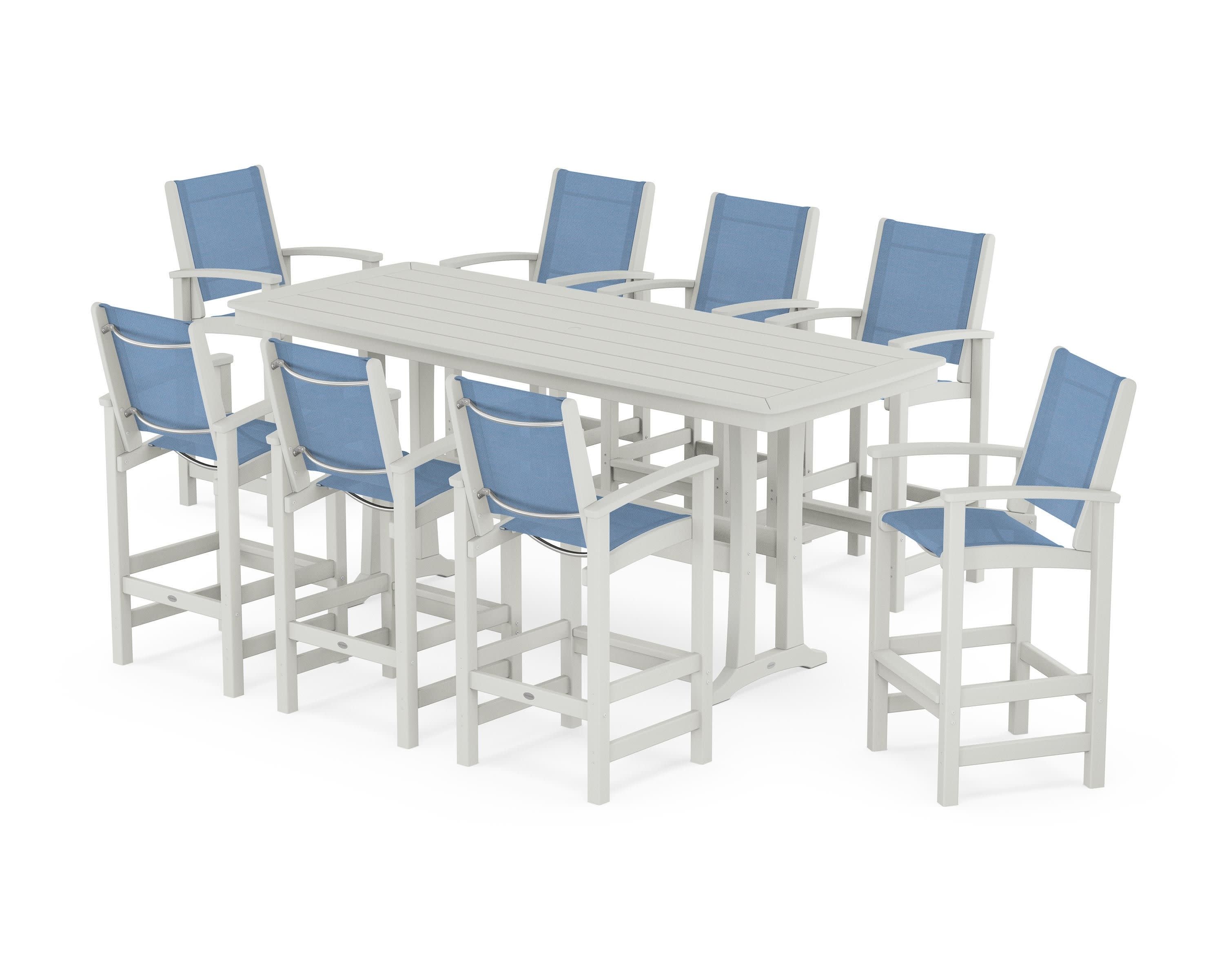 Coastal 9-Piece Bar Set with Trestle Legs in Vintage White / Poolside Sling
