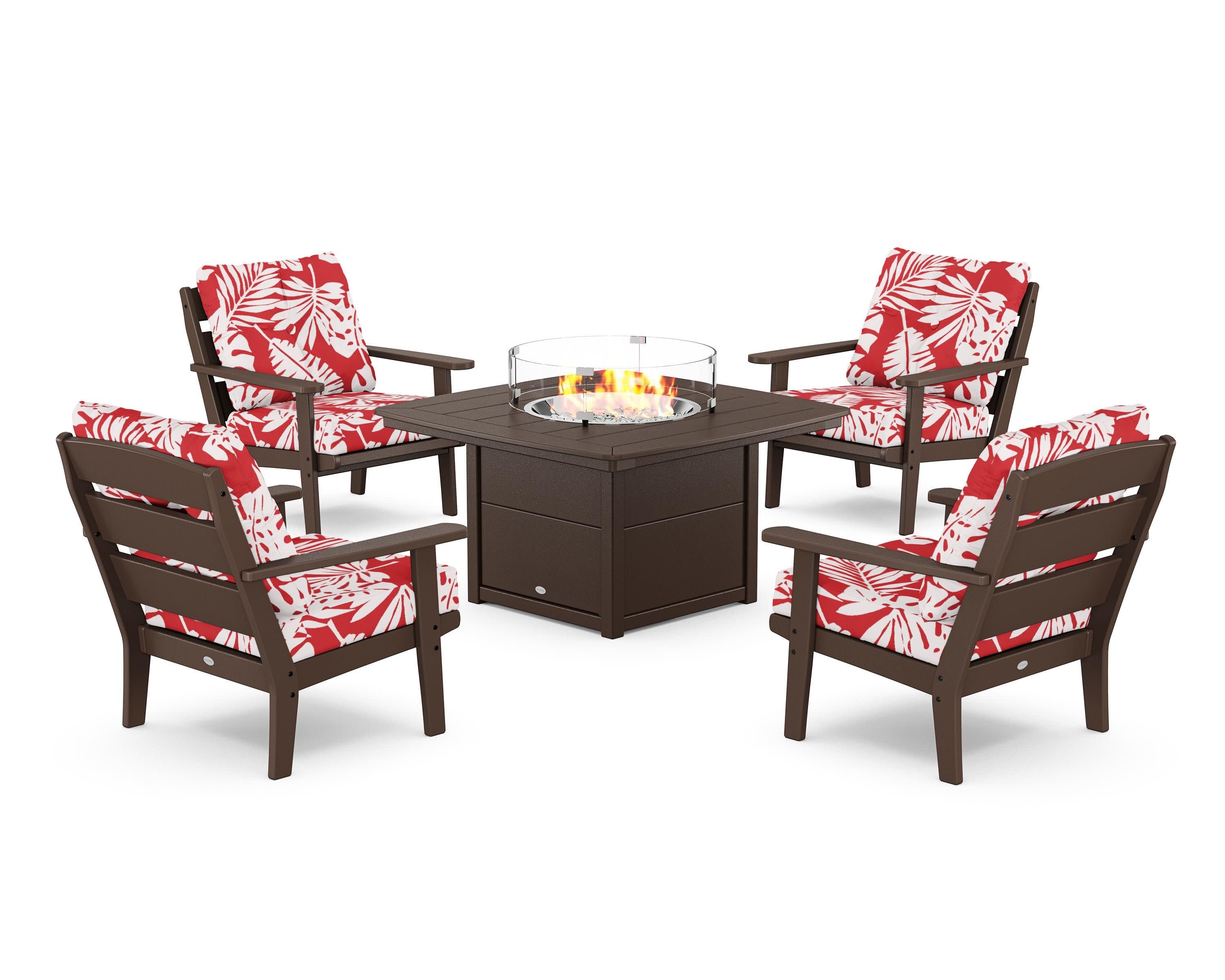 Lakeside 5-Piece Deep Seating Set with Nautical Fire Pit Table in Mahogany / Leaf Crimson