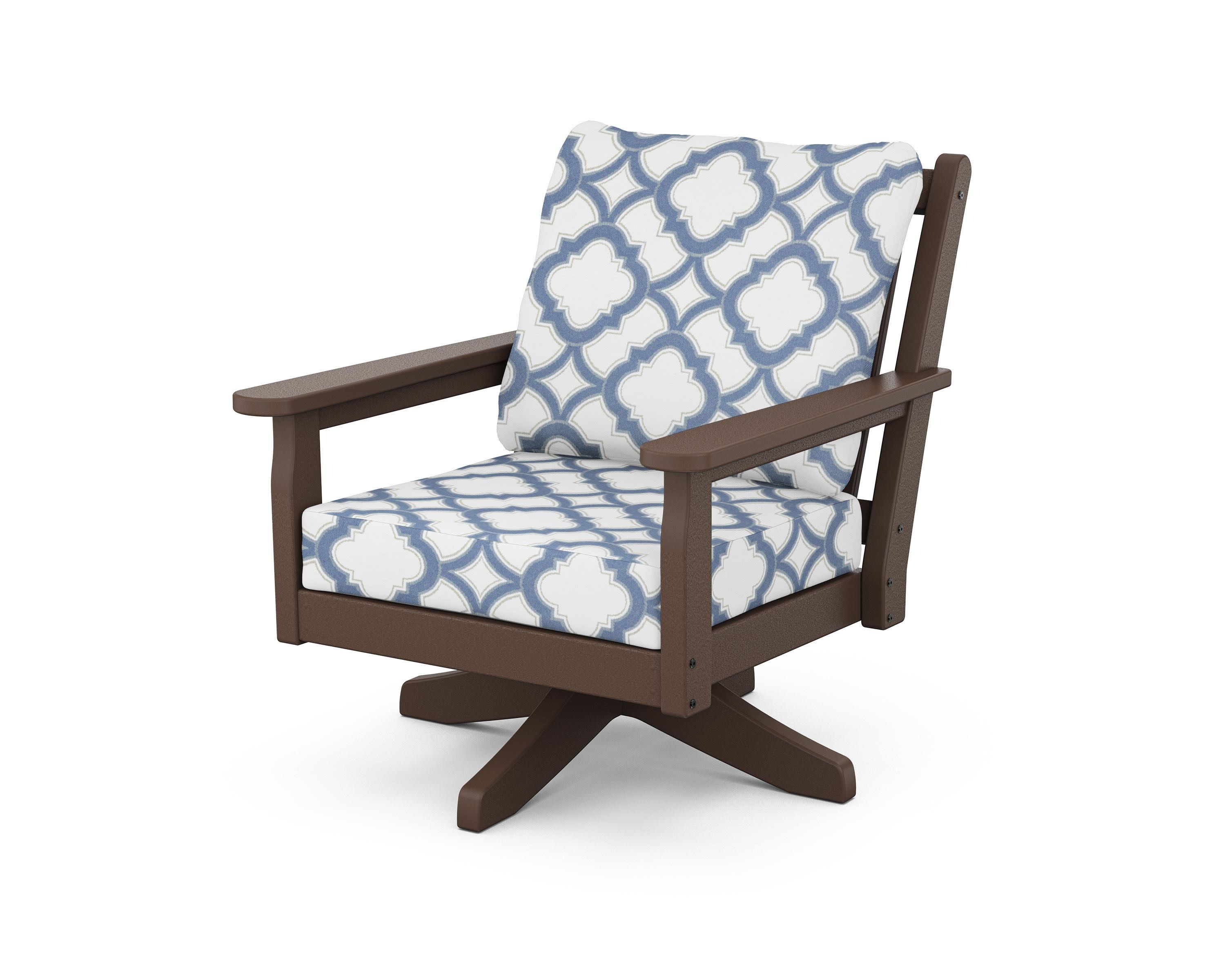Chippendale Deep Seating Swivel Chair in Mahogany / Trellis Sky Blue
