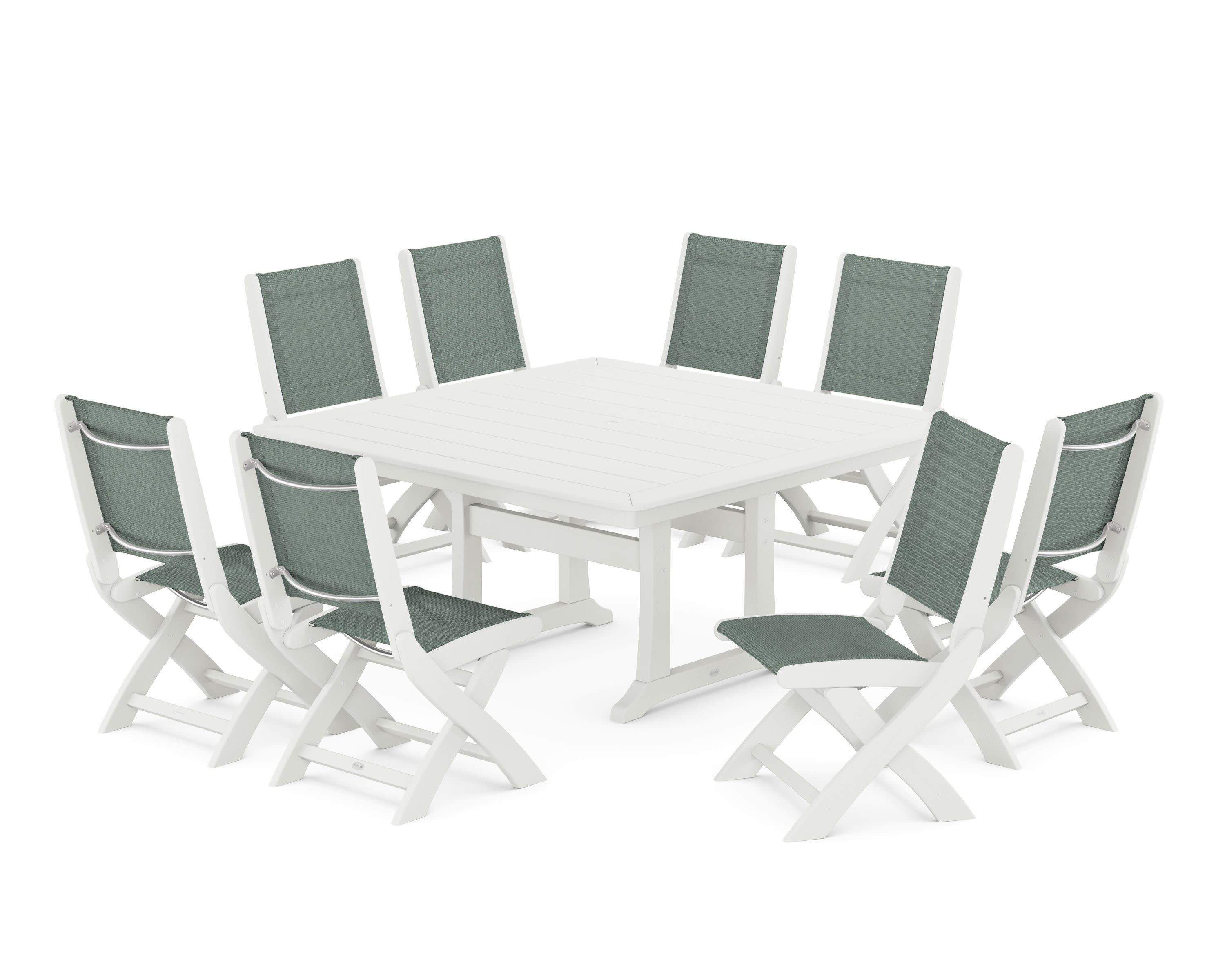Coastal Folding Side Chair 9-Piece Dining Set with Trestle Legs in Vintage White / Dupioni Sea Mist Sling