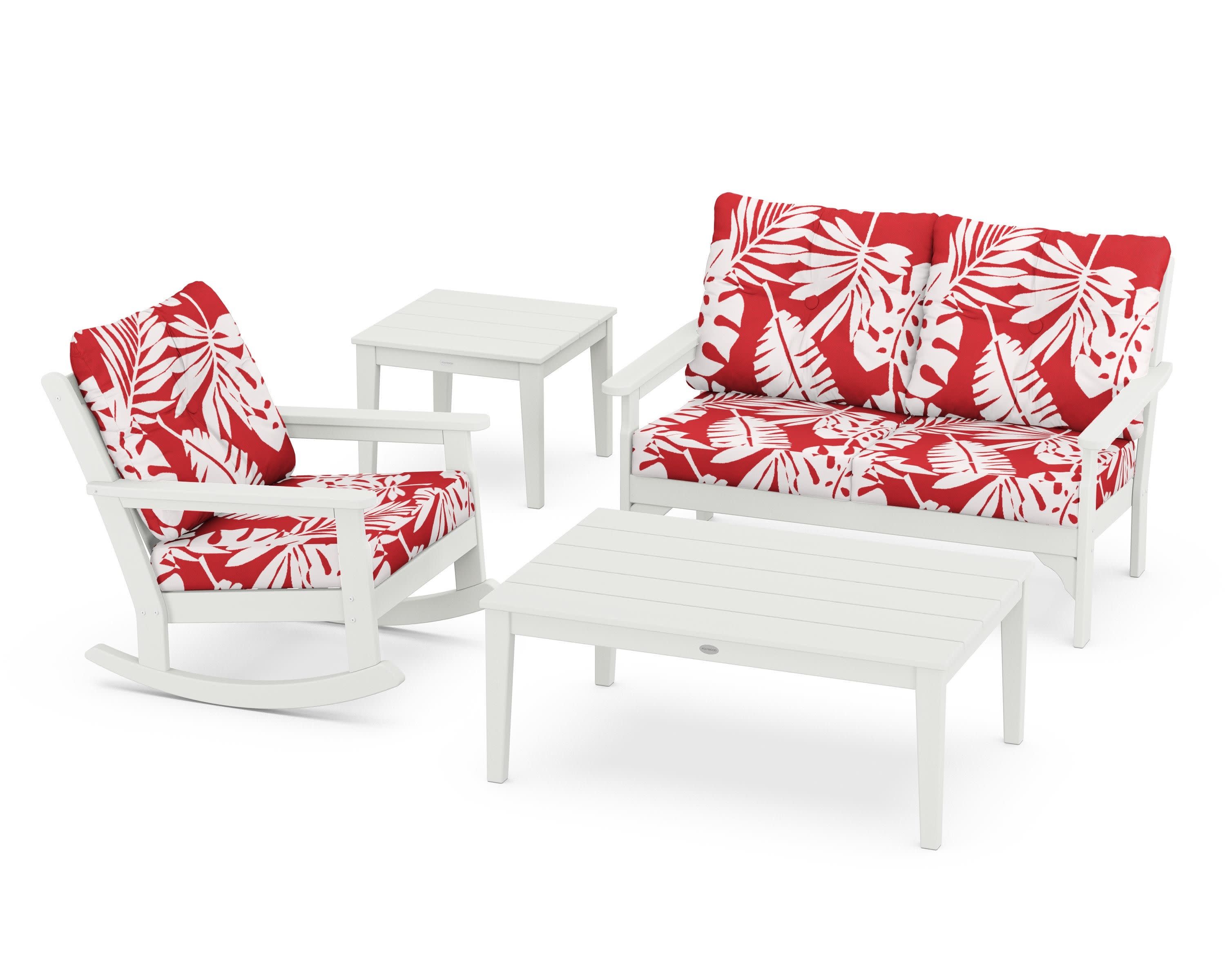 Vineyard 4-Piece Deep Seating Rocker Set in Vintage White / Leaf Crimson