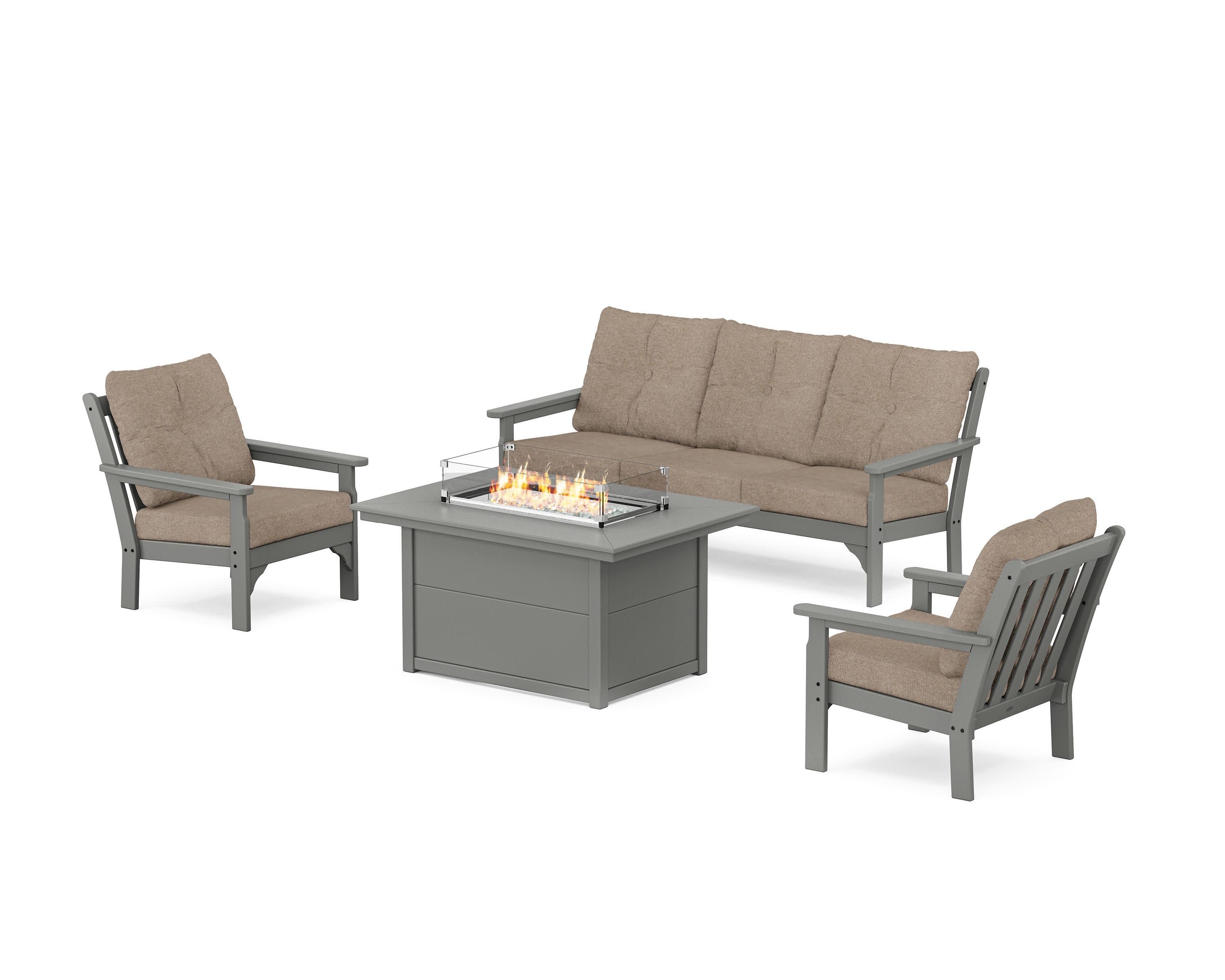 Vineyard Deep Seating Fire Pit Table Set in Slate Grey / Spiced Burlap