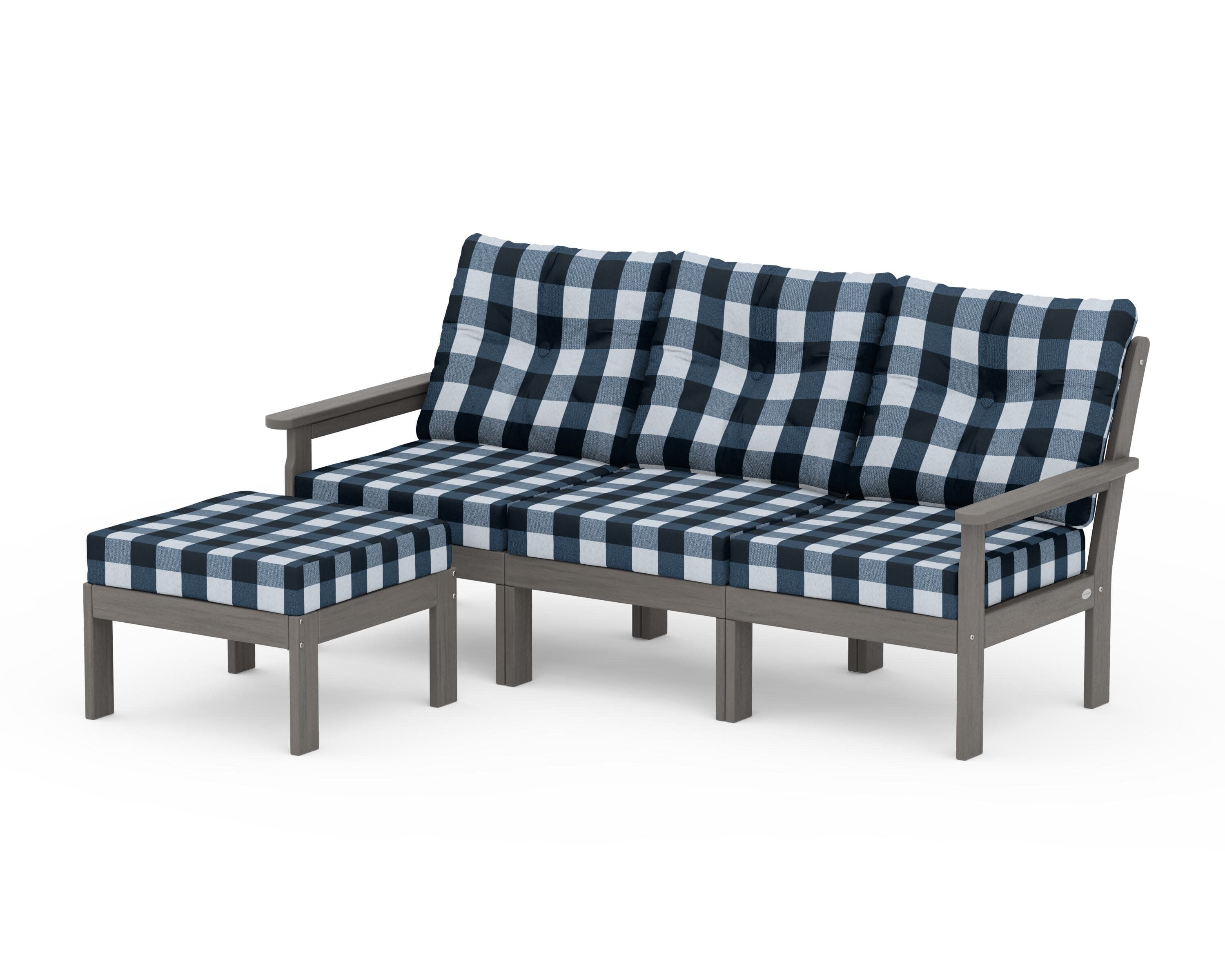 Vineyard 4-Piece Sectional with Ottoman in Driftwood / Buffalo Plaid Marine Indigo