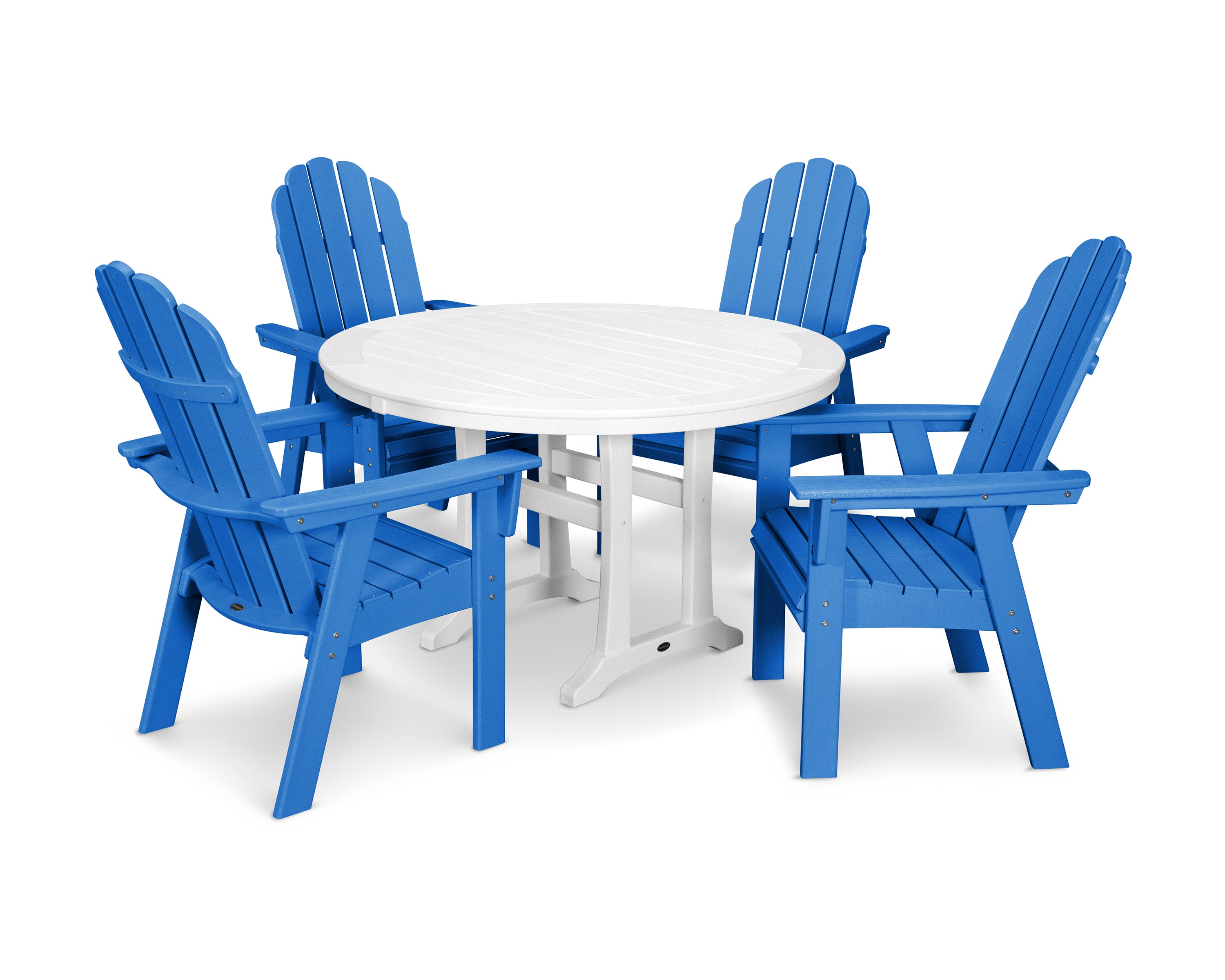 Vineyard Curveback Adirondack 5-Piece Nautical Trestle Dining Set in Pacific Blue / White