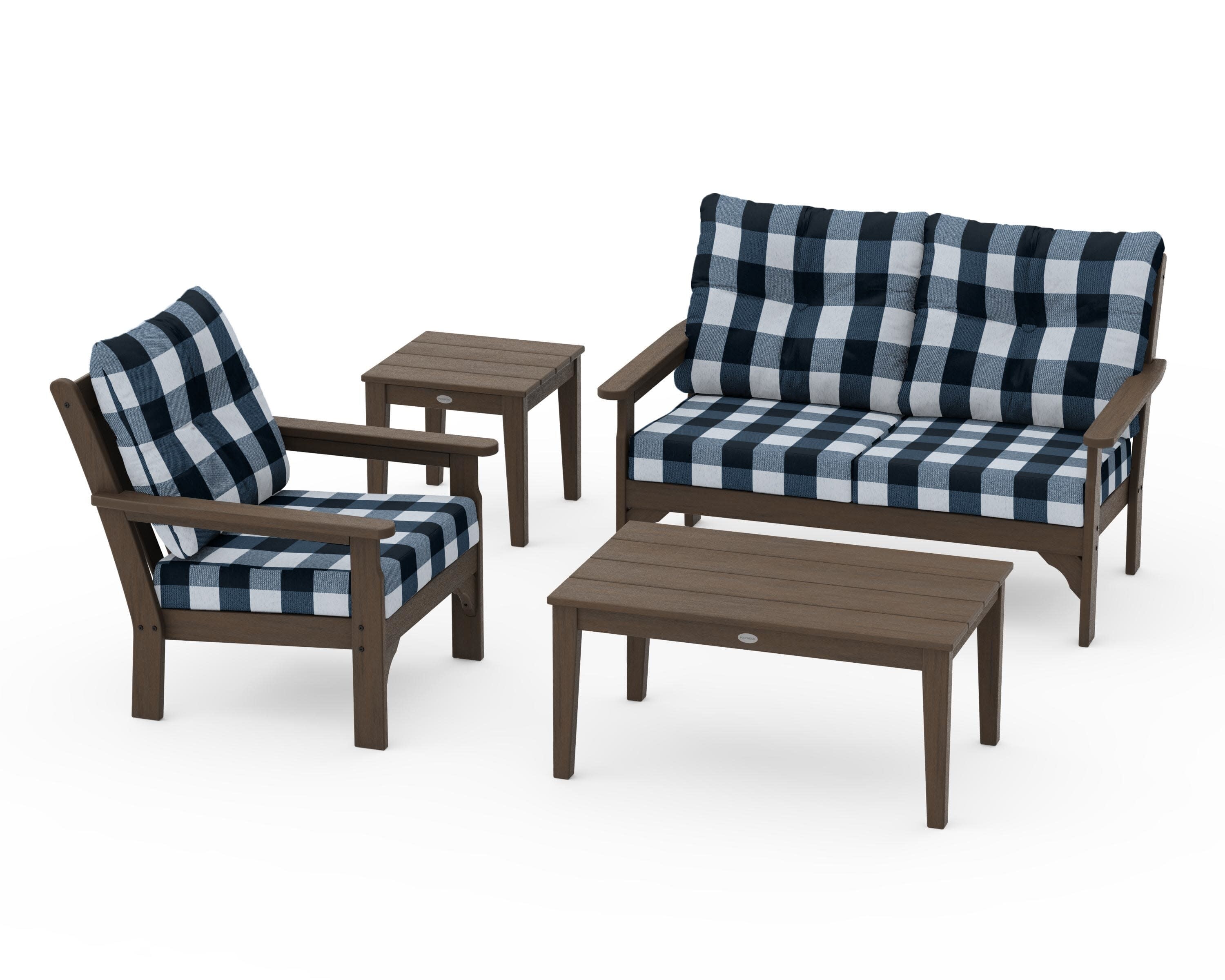 Vineyard 4-Piece Deep Seating Set in Kona / Buffalo Plaid Marine Indigo
