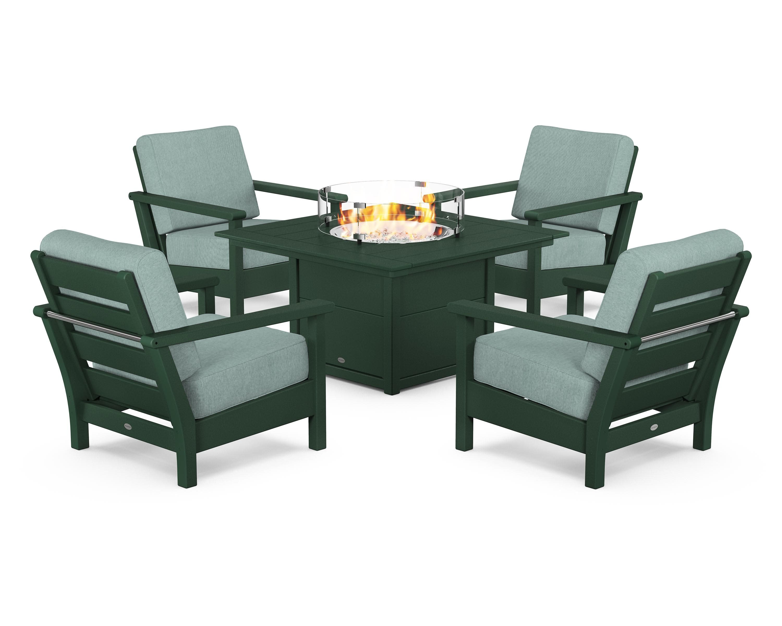 Harbour 5-Piece Conversation Set with Fire Pit Table in Green / Glacier Spa