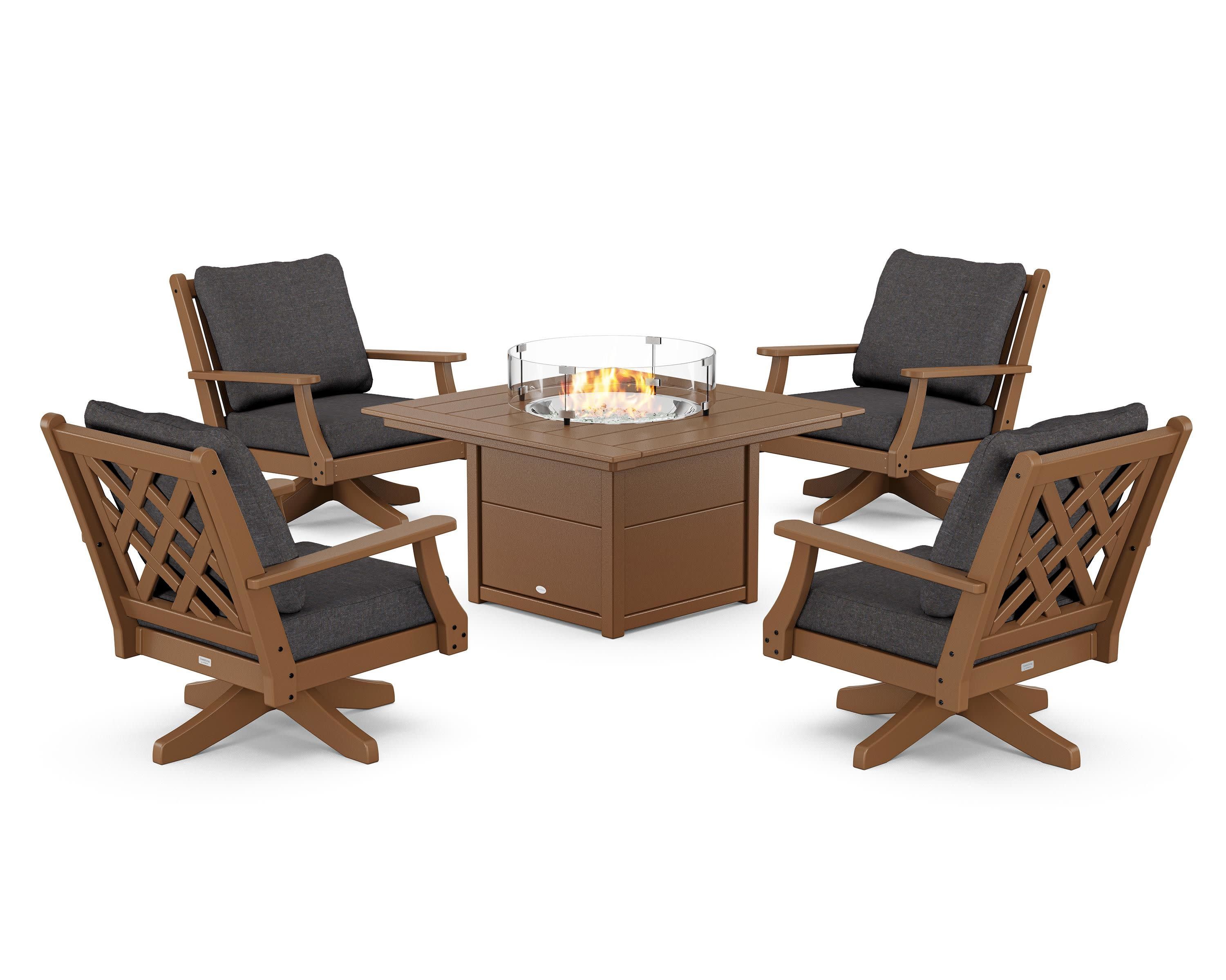 Wovendale 5-Piece Deep Seating Swivel Conversation Set with Fire Pit Table in Teak / Ash Charcoal