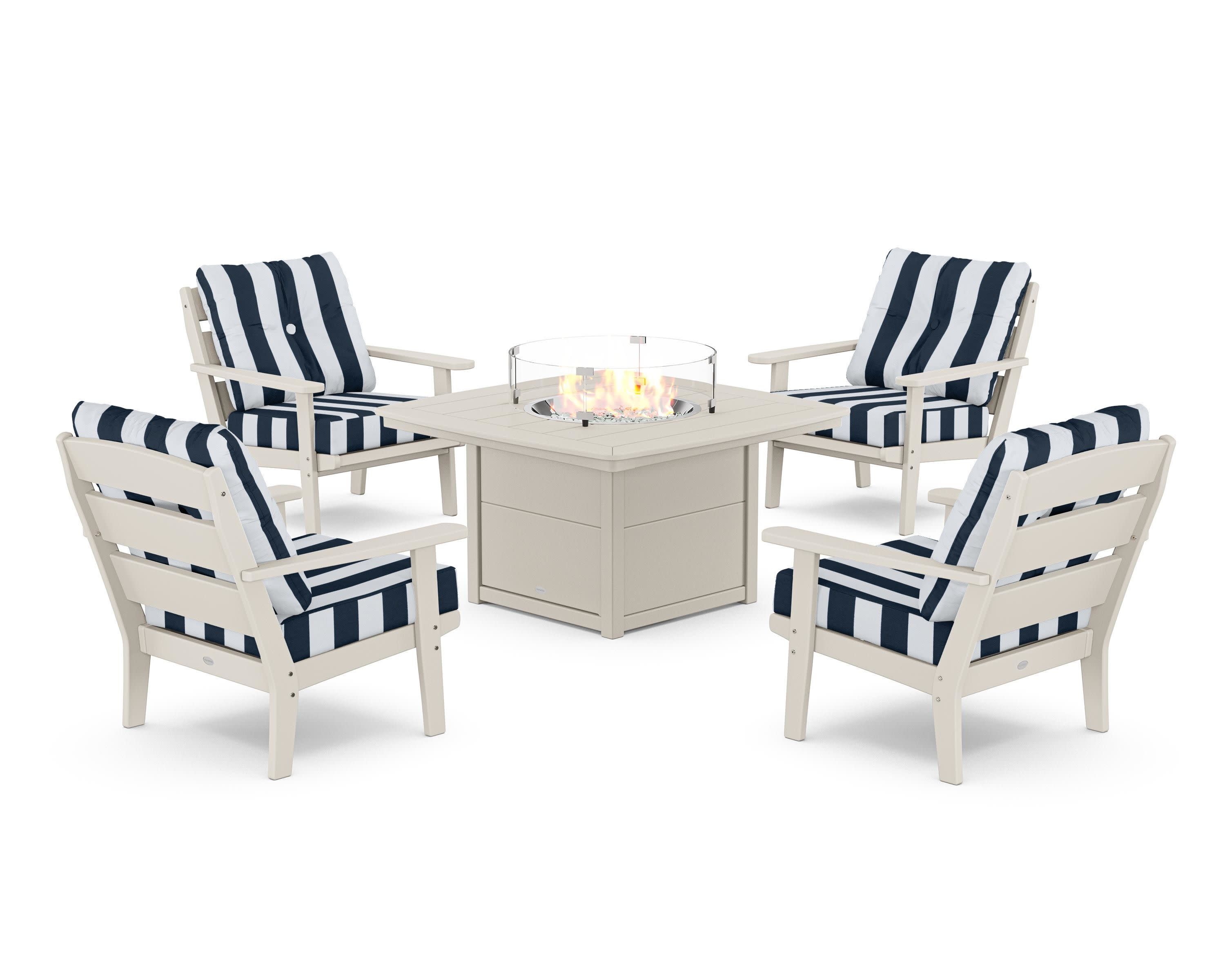 Lakeside 5-Piece Deep Seating Set with Nautical Fire Pit Table in Sand / Cabana Stripe Marine Indigo