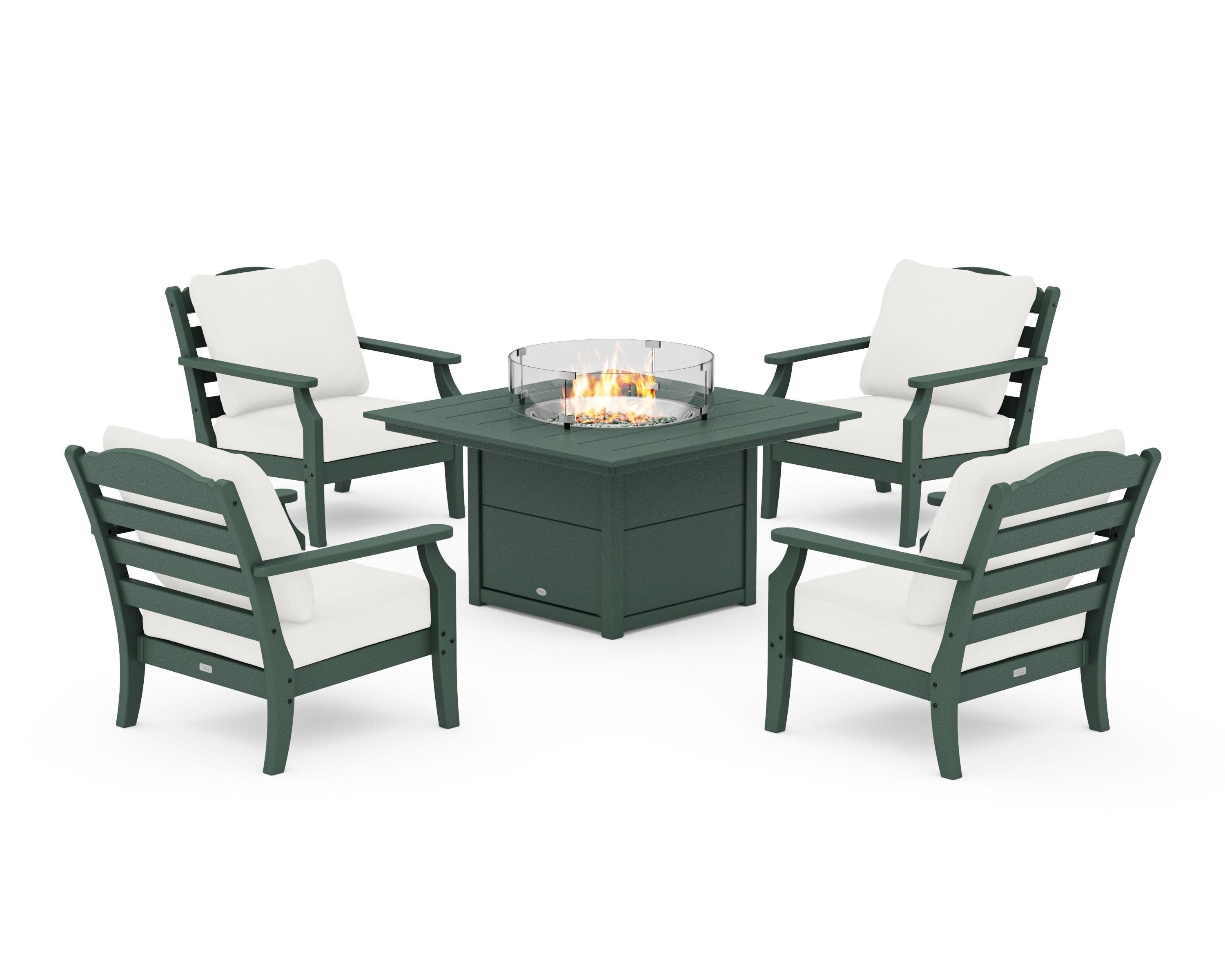 Savannah 5-Piece Deep Seating Set with Fire Pit Table in Green / Natural Linen