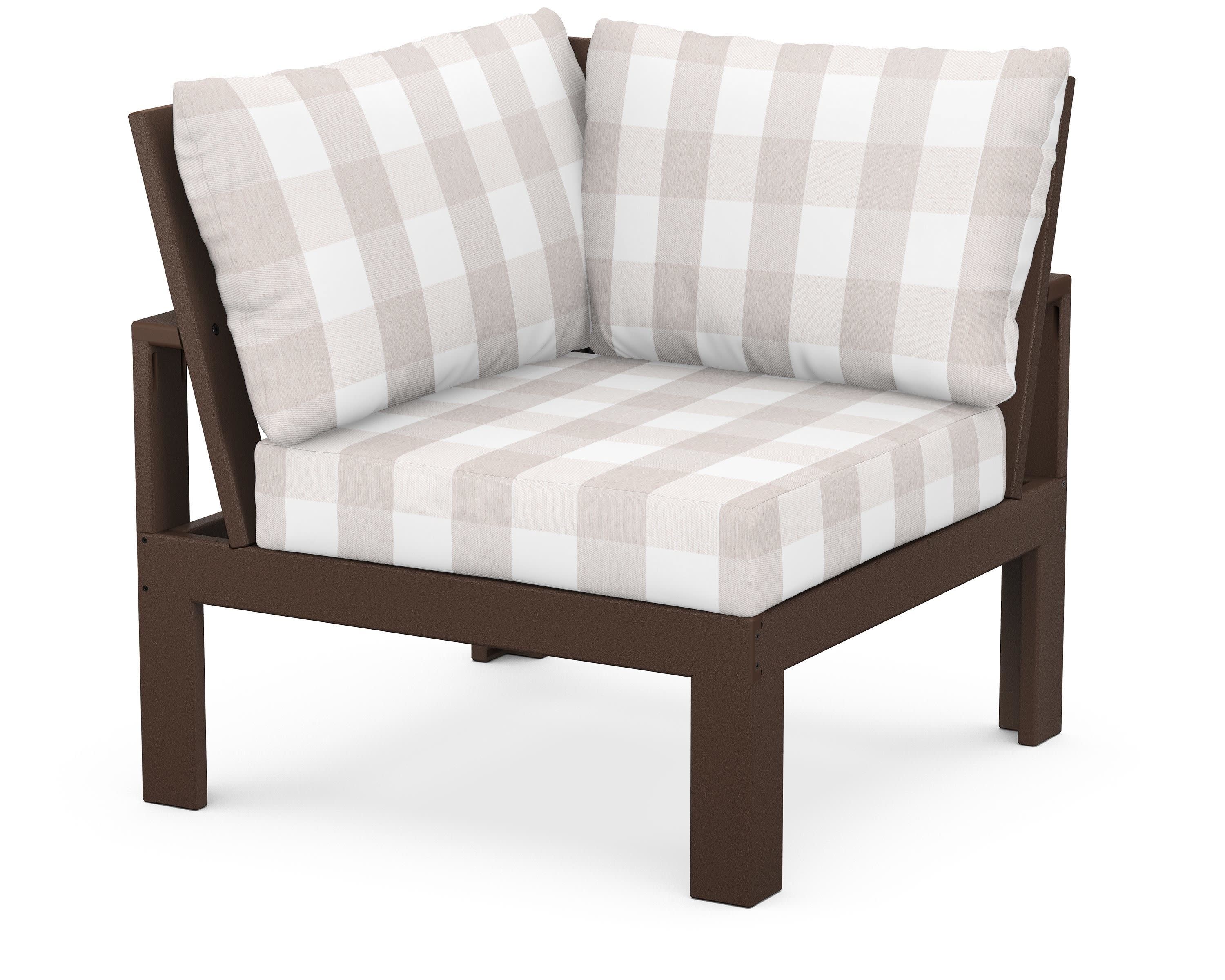 Modular Corner Chair in Mahogany / Buffalo Plaid Dune Burlap