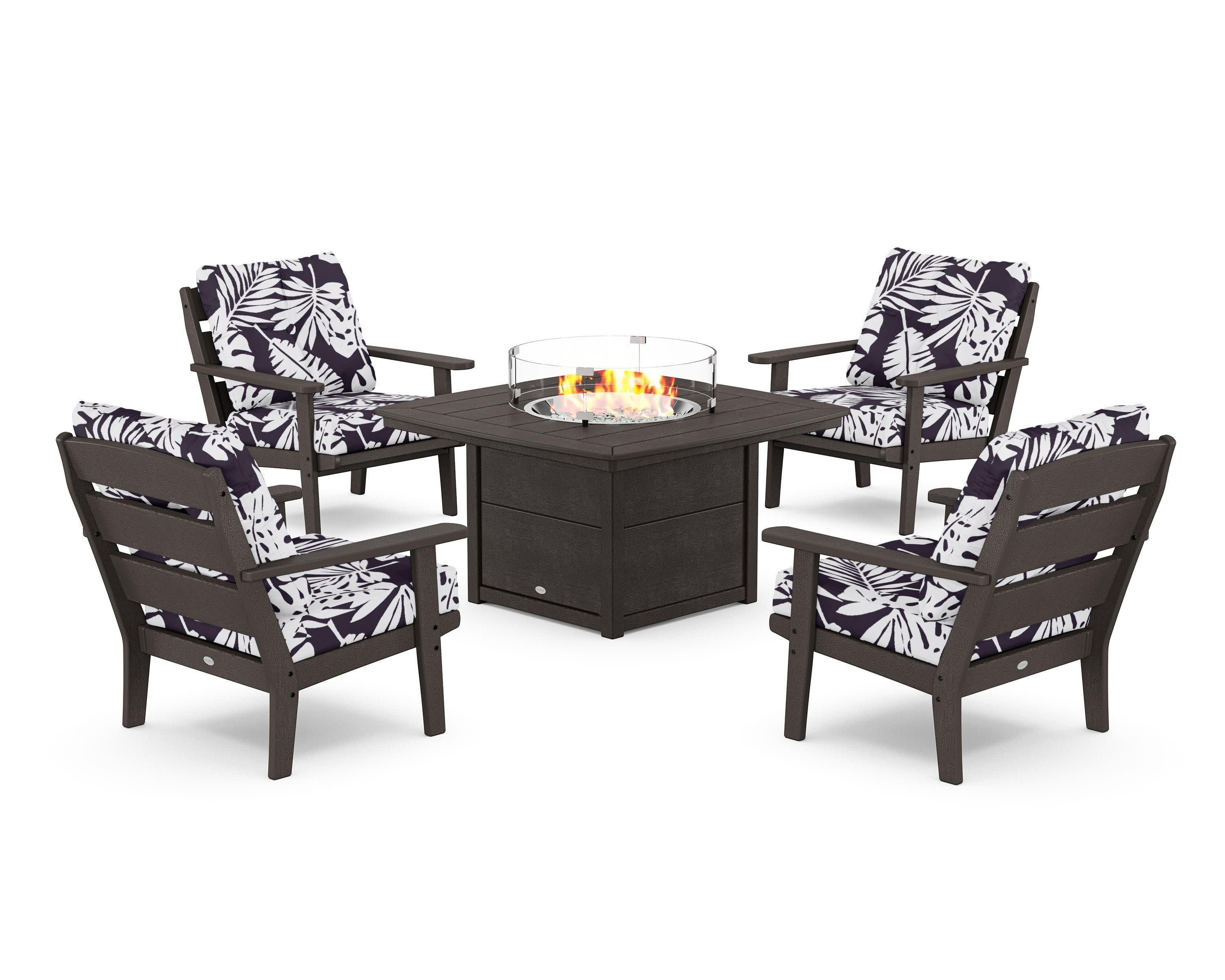 Lakeside 5-Piece Deep Seating Set with Nautical Fire Pit Table in Vintage Coffee / Leaf Navy