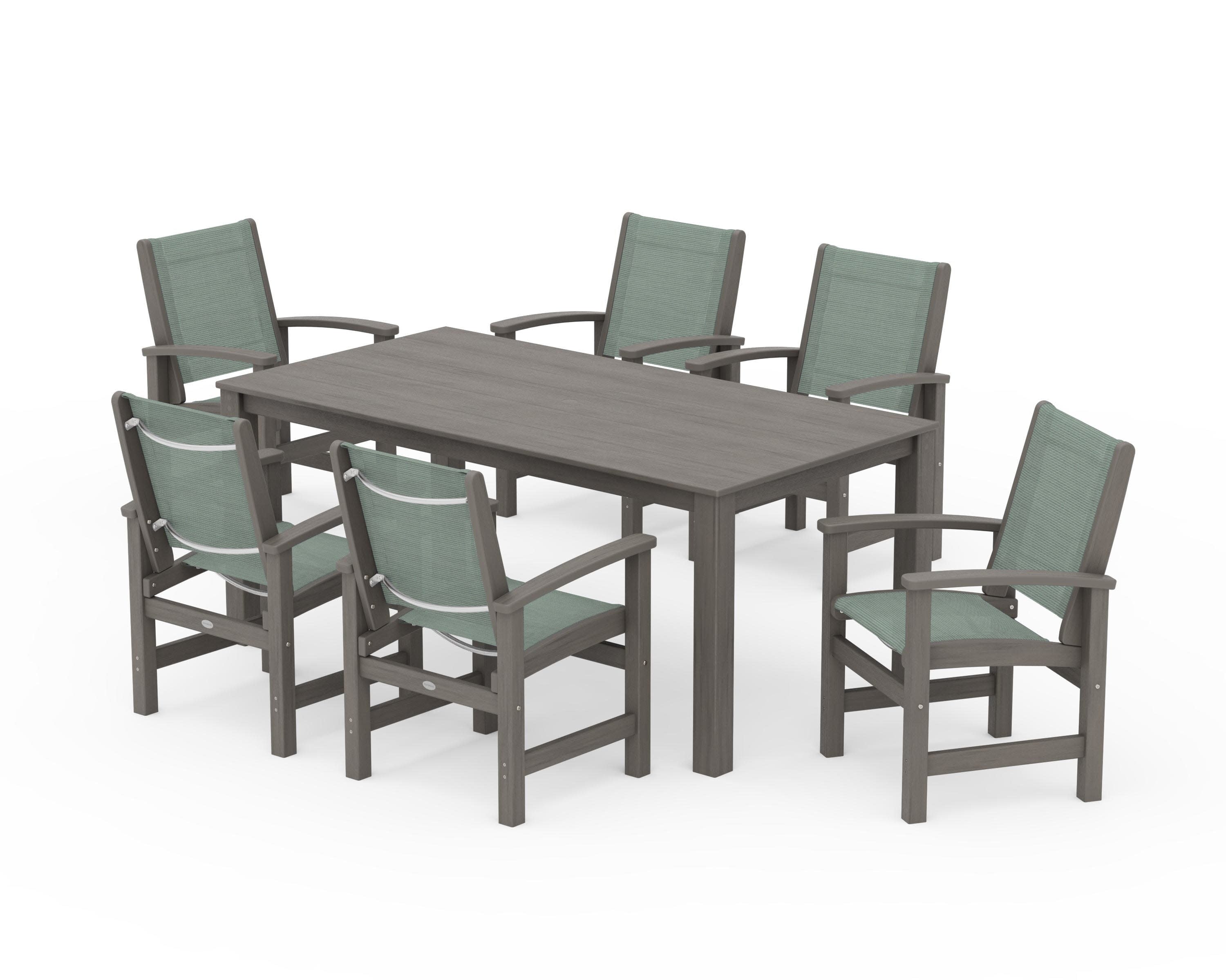 Coastal 7-Piece Parsons Dining Set in Driftwood / Dupioni Sea Mist Sling