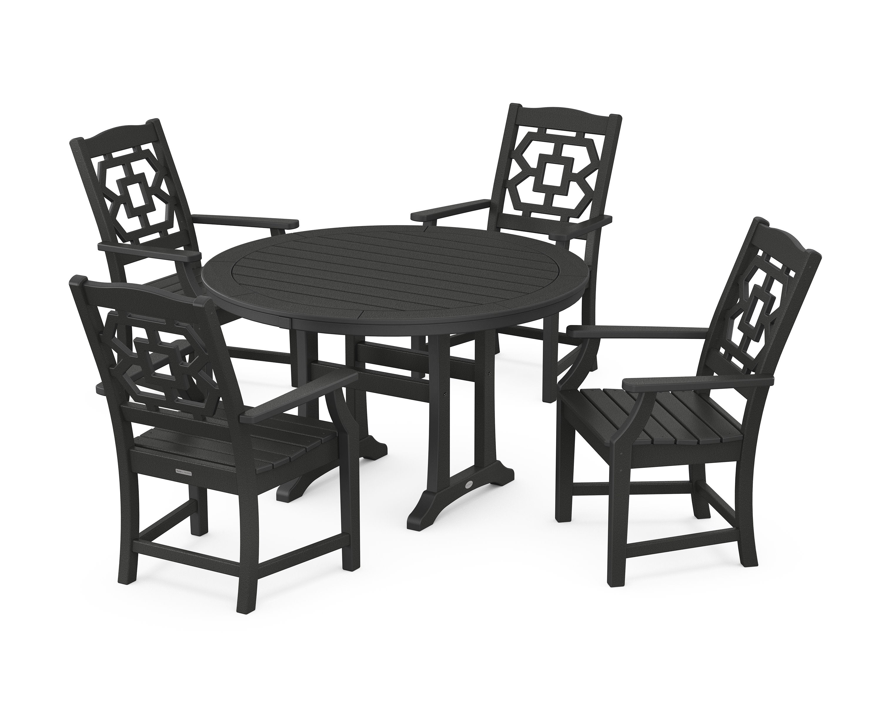 Chinoiserie 5-Piece Round Dining Set with Trestle Legs in Black