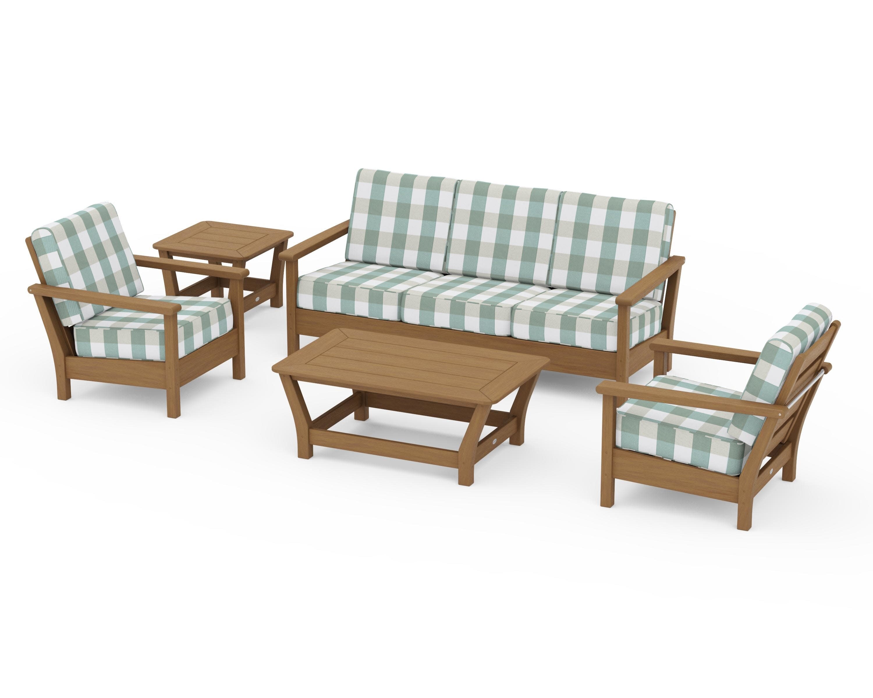 Harbour 5-Piece Deep Seating Set in Natural / Buffalo Plaid Glacier Spa