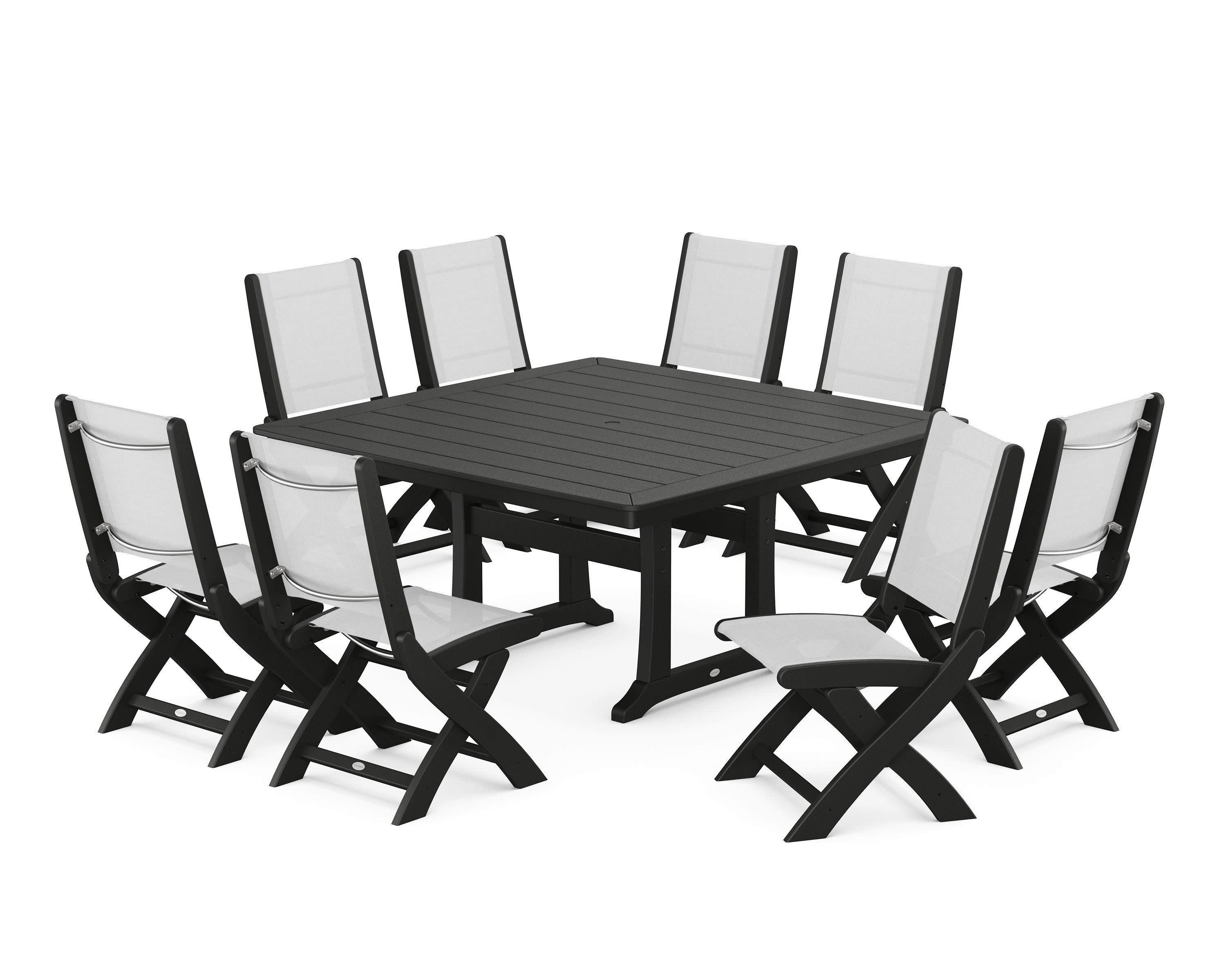 Coastal Folding Side Chair 9-Piece Dining Set with Trestle Legs in Black / White Sling