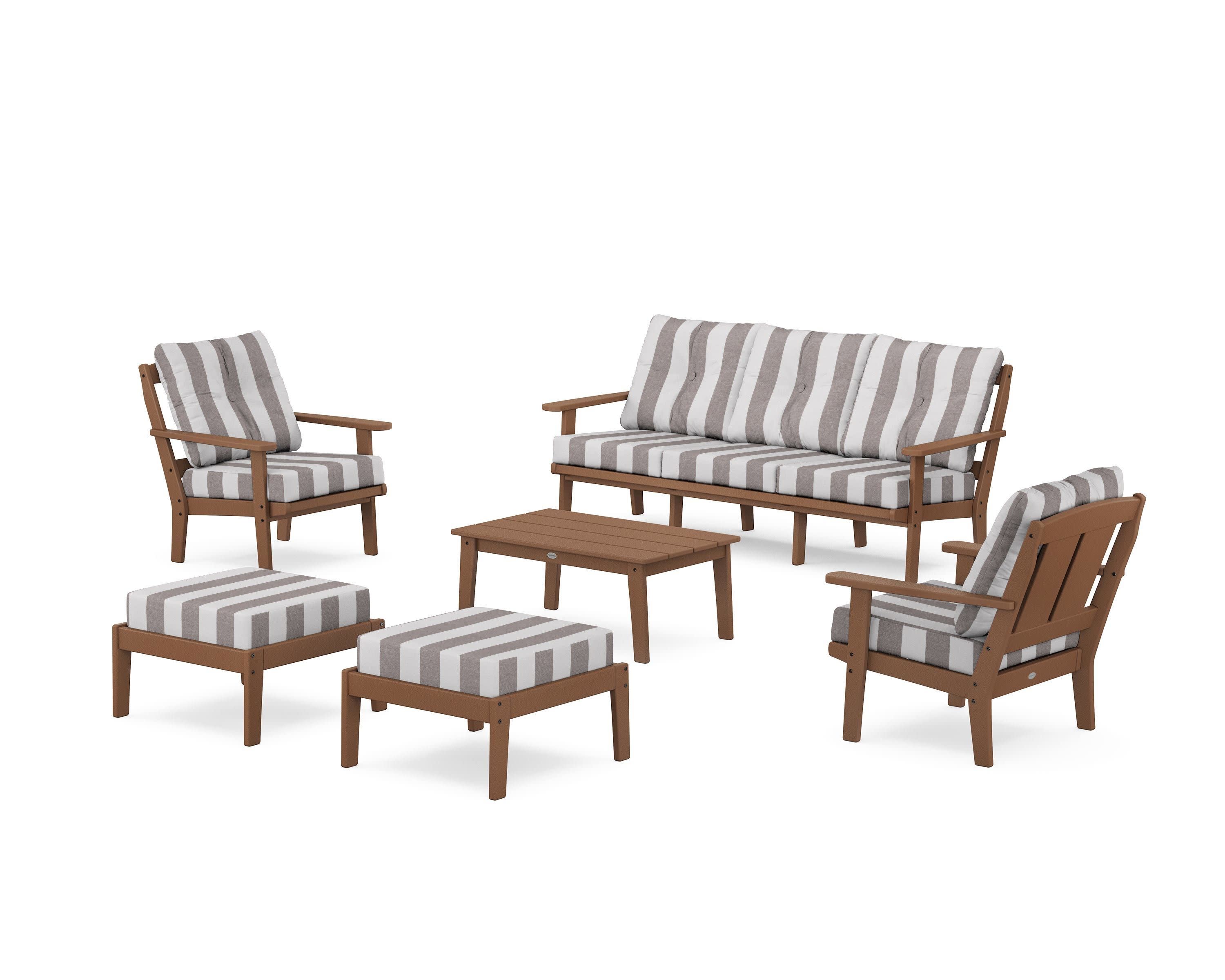 Mission 6-Piece Lounge Sofa Set in Teak / Cabana Stripe Grey Mist