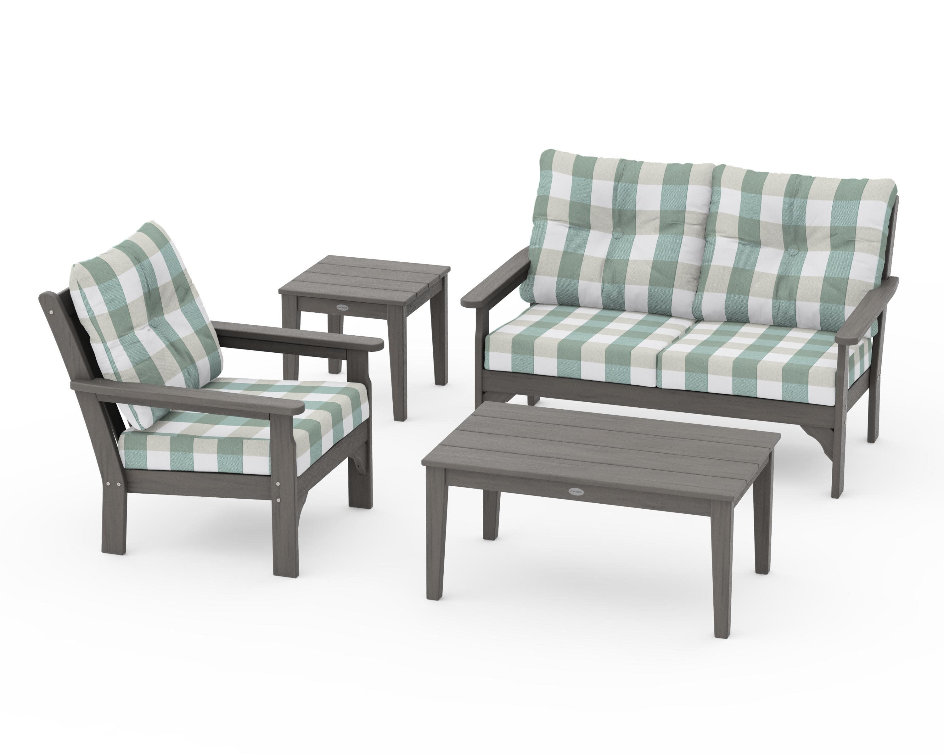 Vineyard 4-Piece Deep Seating Set in Driftwood / Buffalo Plaid Glacier Spa
