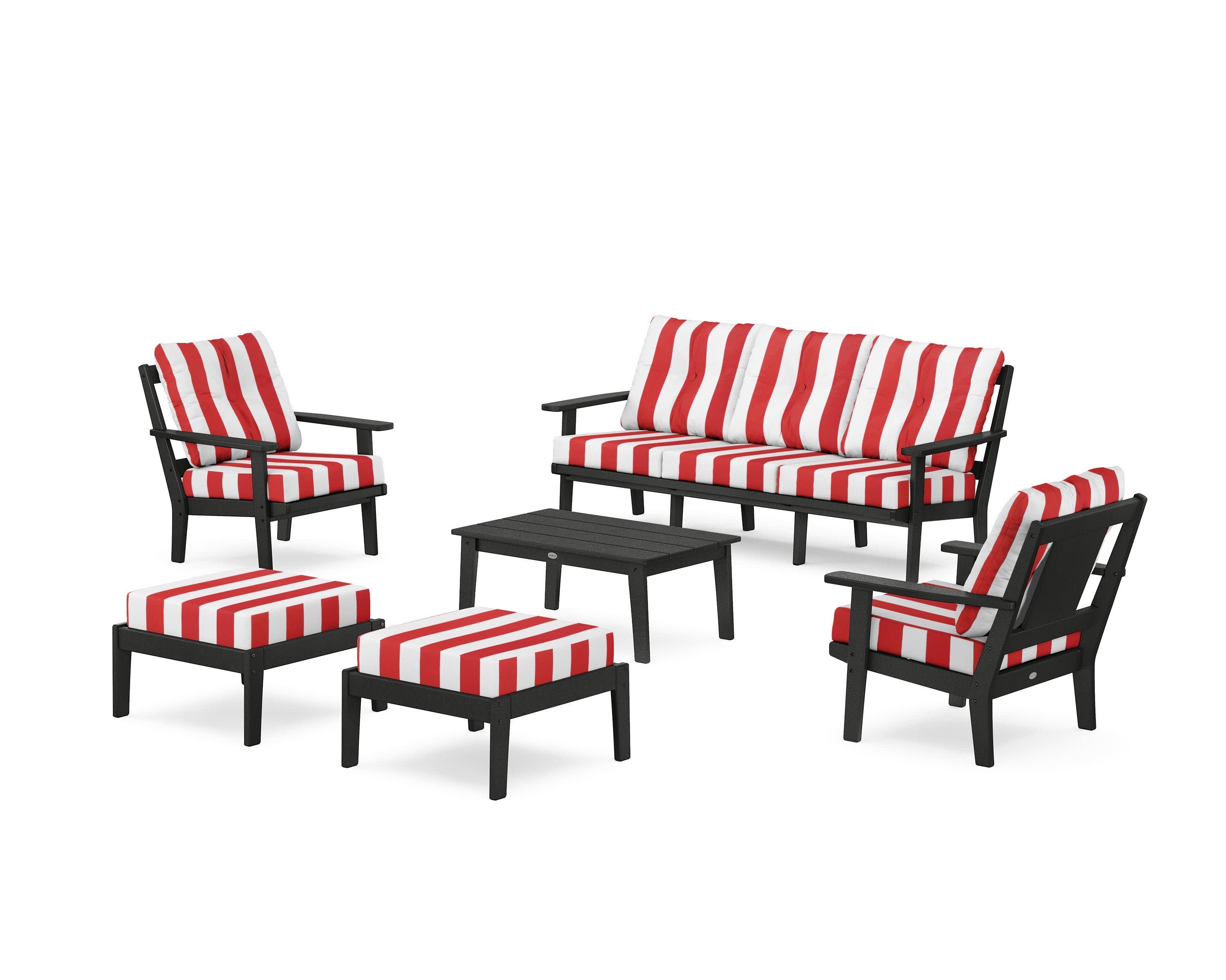 Prairie 6-Piece Lounge Sofa Set in Black / Cabana Stripe Crimson