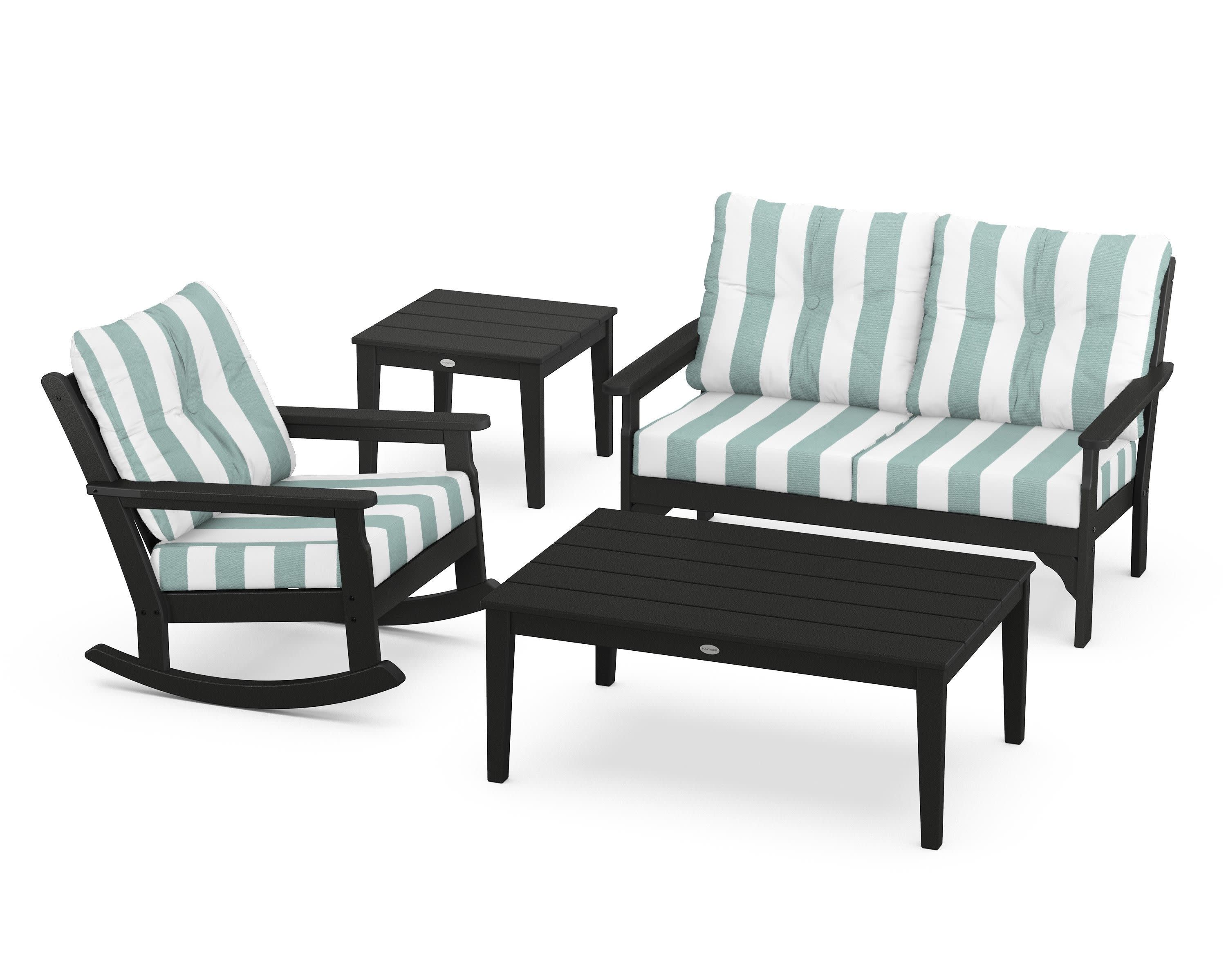 Vineyard 4-Piece Deep Seating Rocker Set in Black / Cabana Stripe Glacier Spa
