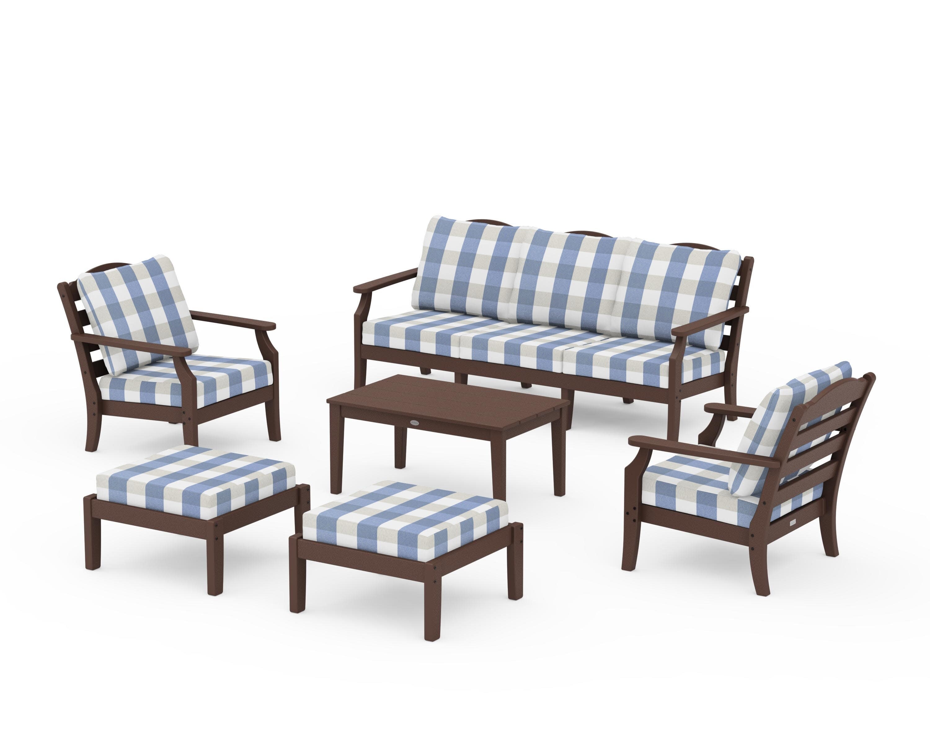 Savannah 6-Piece Lounge Sofa Set in Mahogany / Buffalo Plaid Sky Blue