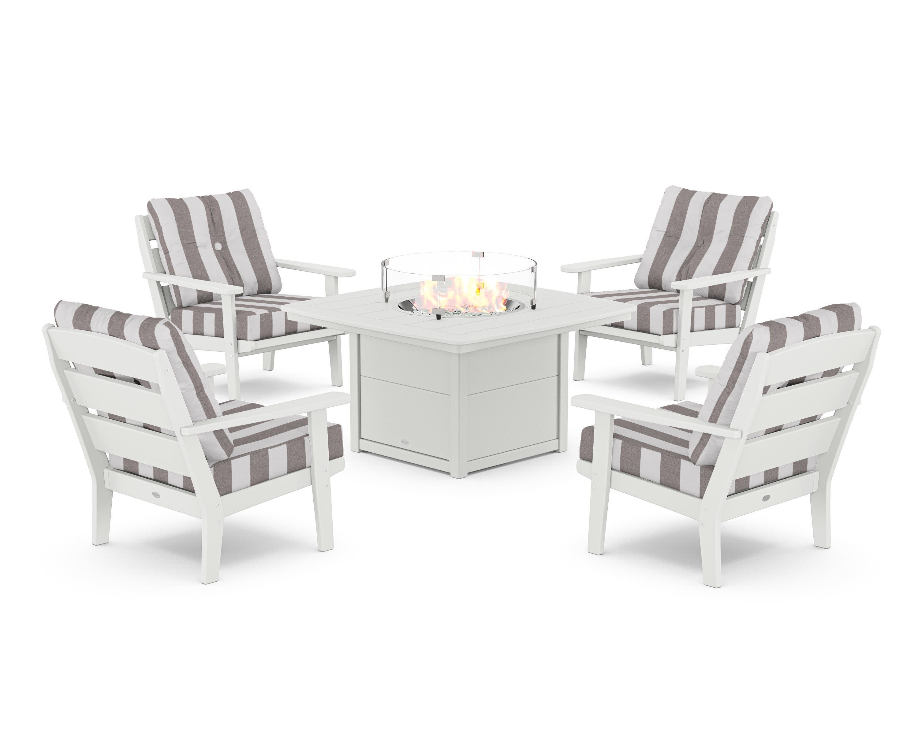 Lakeside 5-Piece Deep Seating Set with Nautical Fire Pit Table in White / Cabana Stripe Grey Mist
