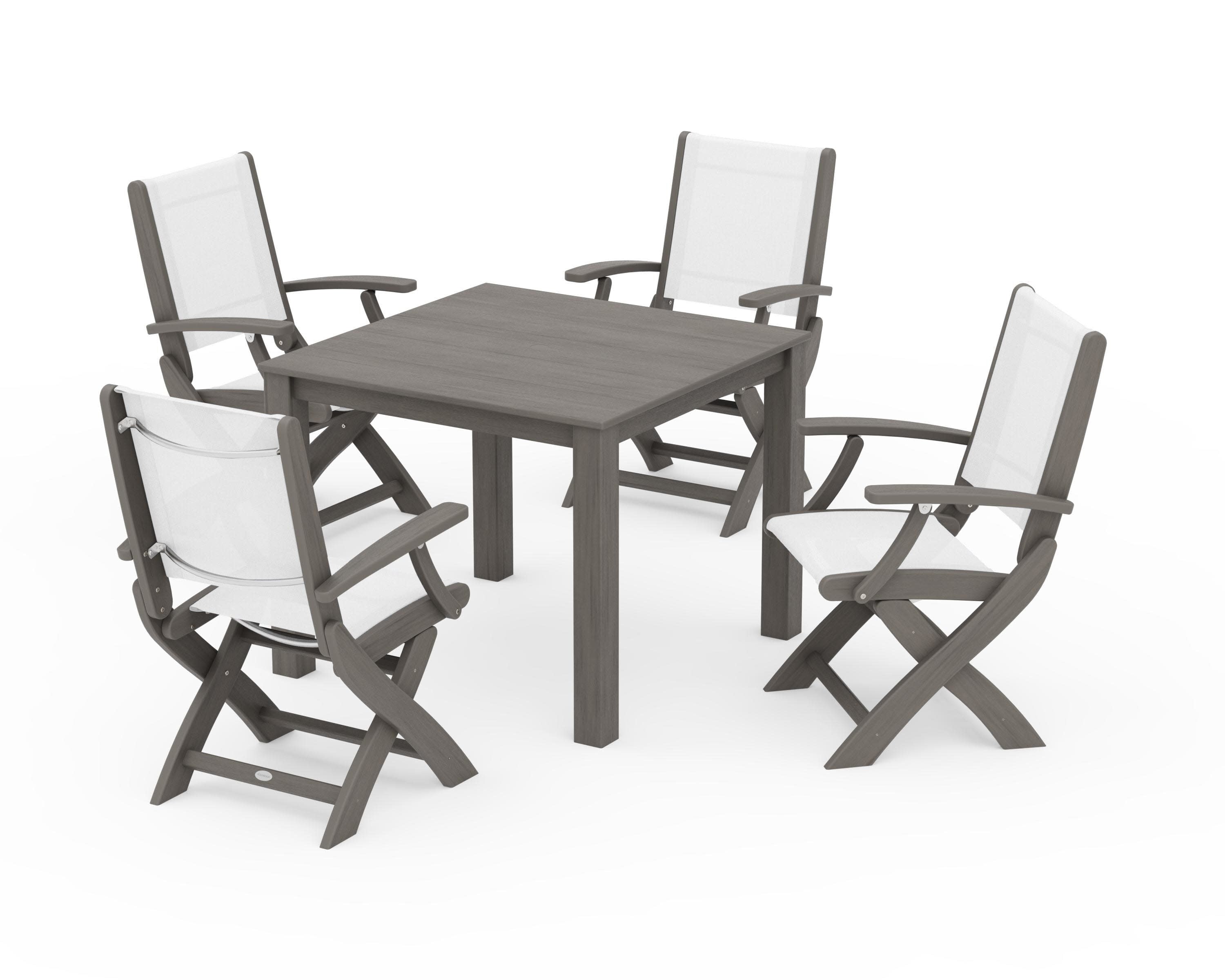 Coastal Folding Chair 5-Piece Parsons Dining Set in Driftwood / White Sling