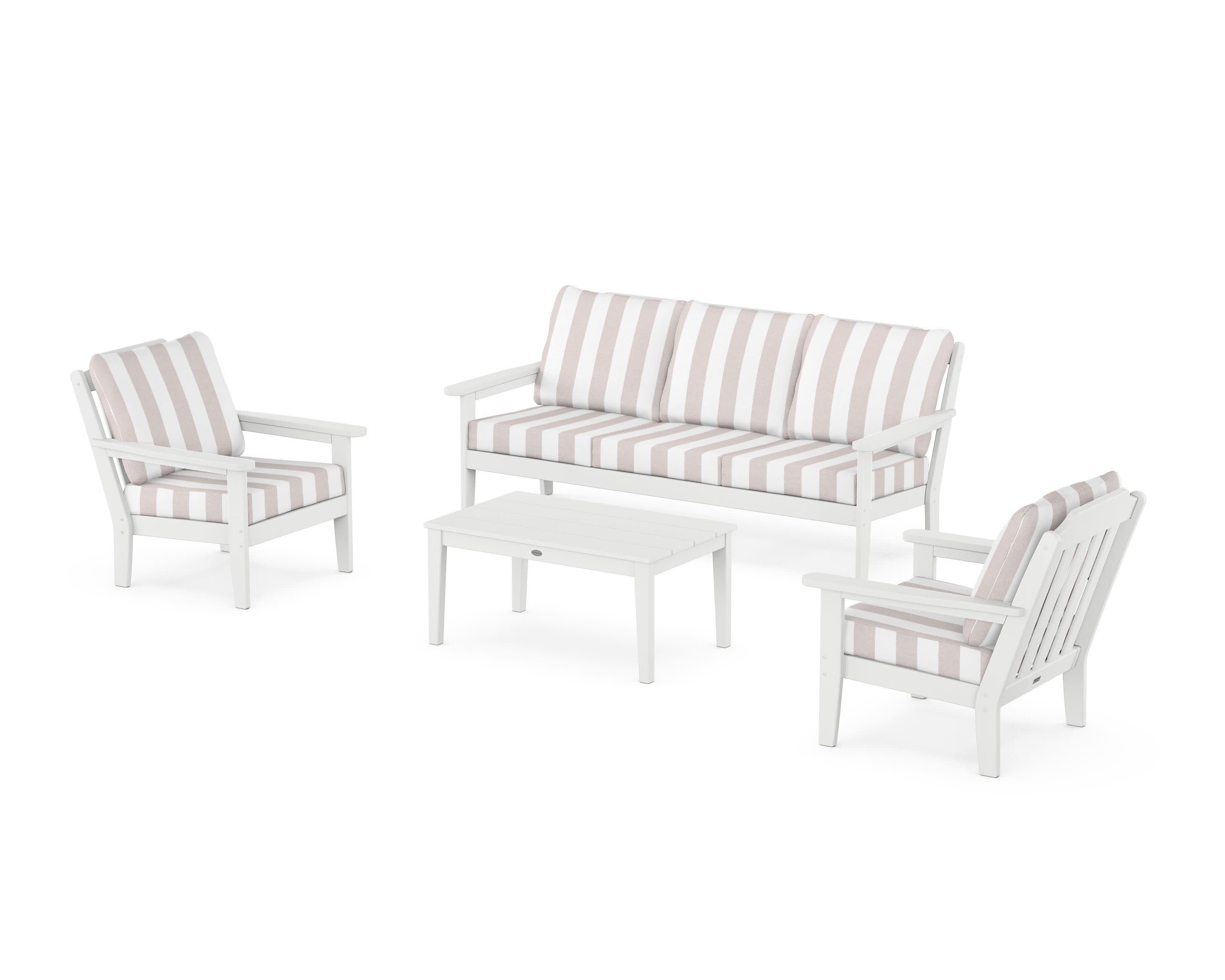 Cottage 4-Piece Deep Seating Set with Sofa in White / Cabana Stripe Dune Burlap
