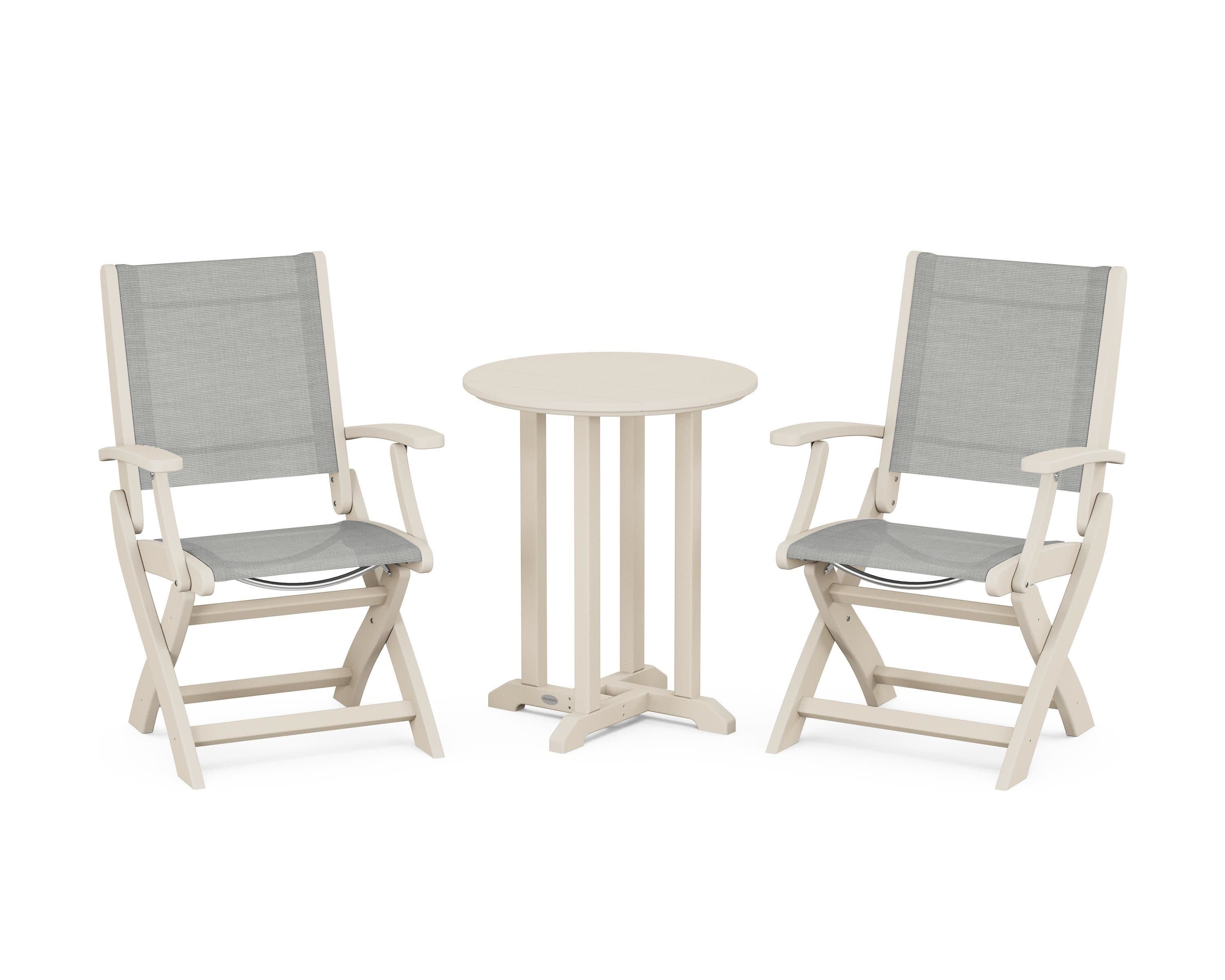 Coastal Folding 3-Piece Round Bistro Dining Set in Sand / Metallic Sling