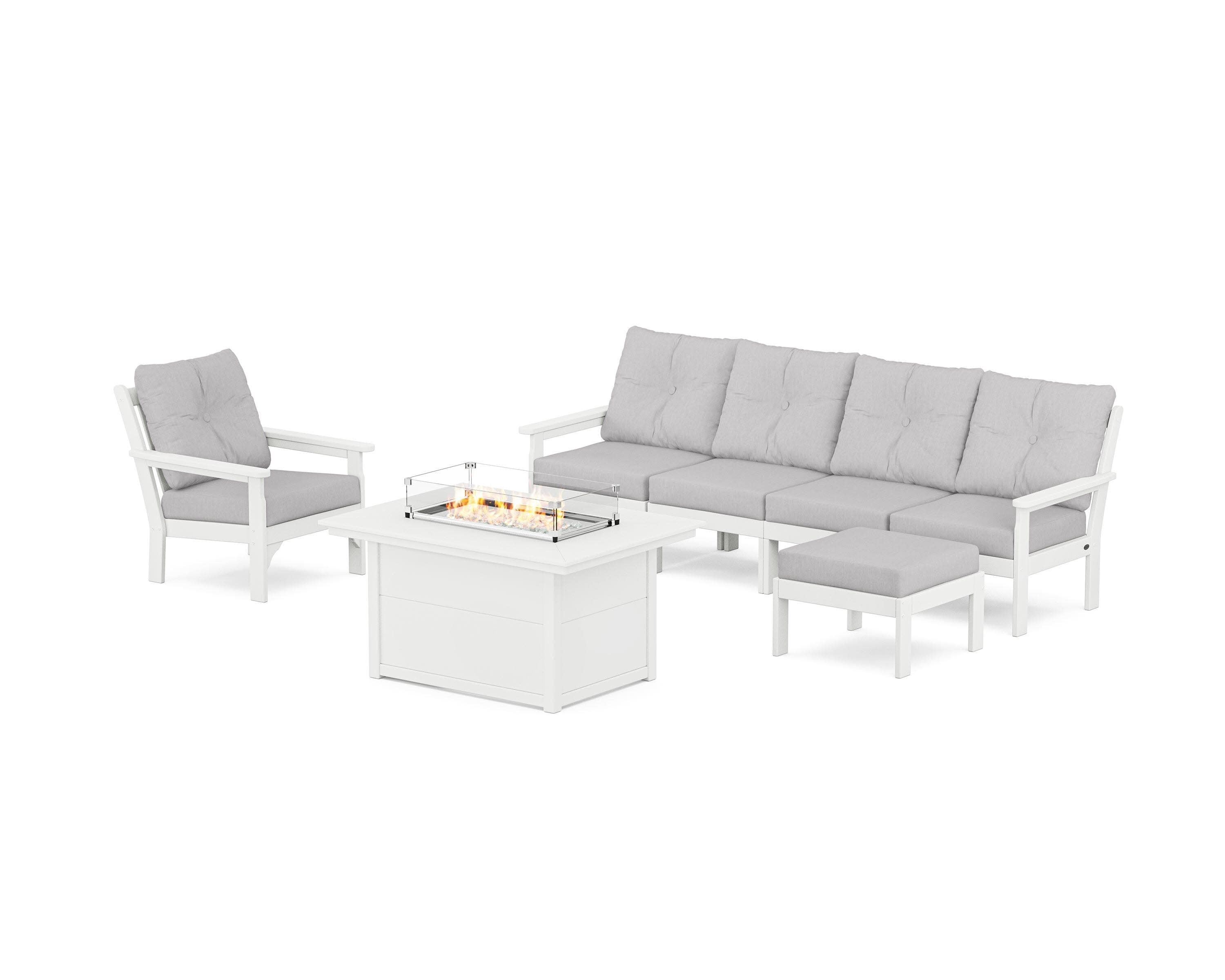 Vineyard Sectional Lounge and Fire Pit Set in White / Granite