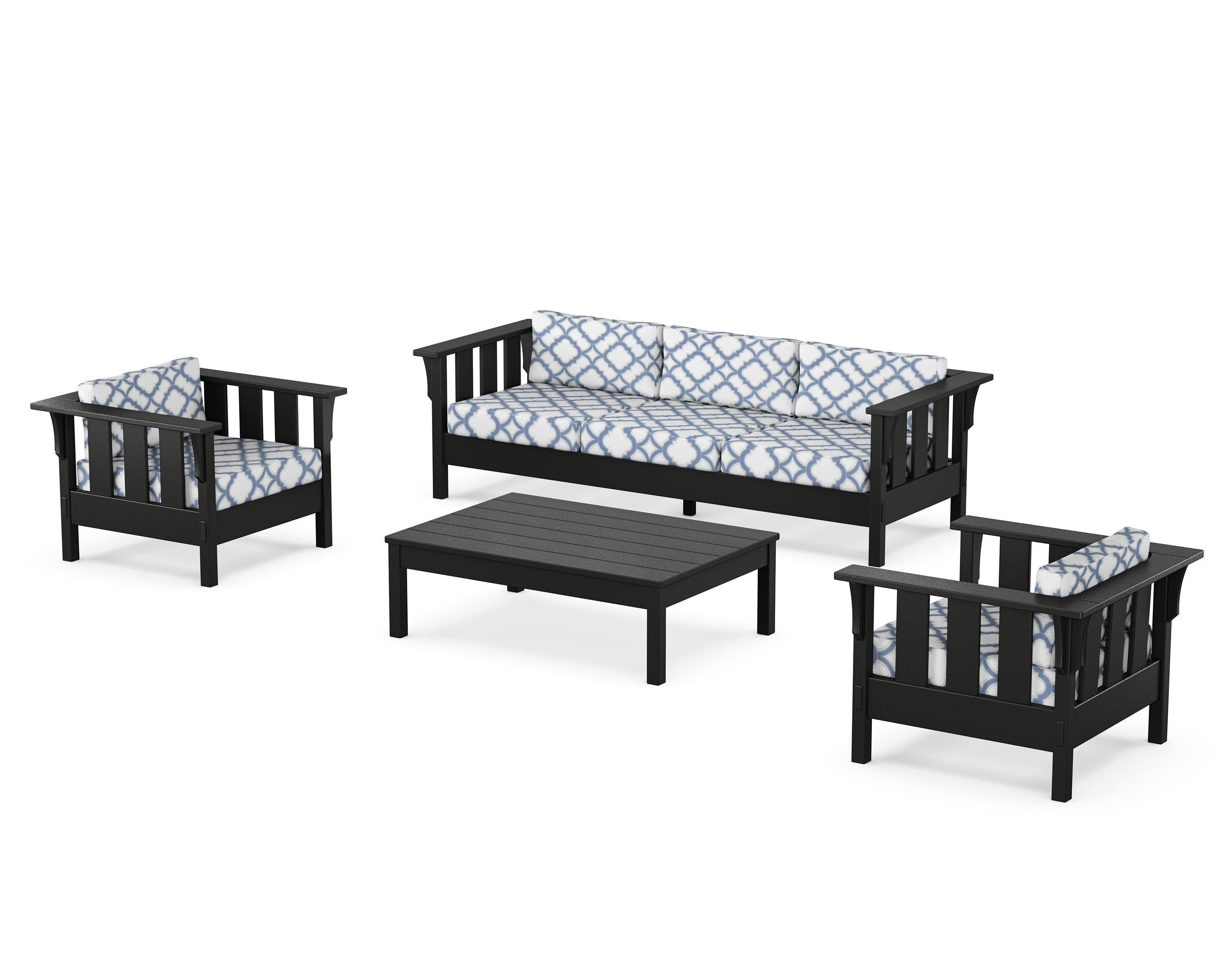 Acadia 4-Piece Deep Seating Set with Sofa in Black / Trellis Sky Blue