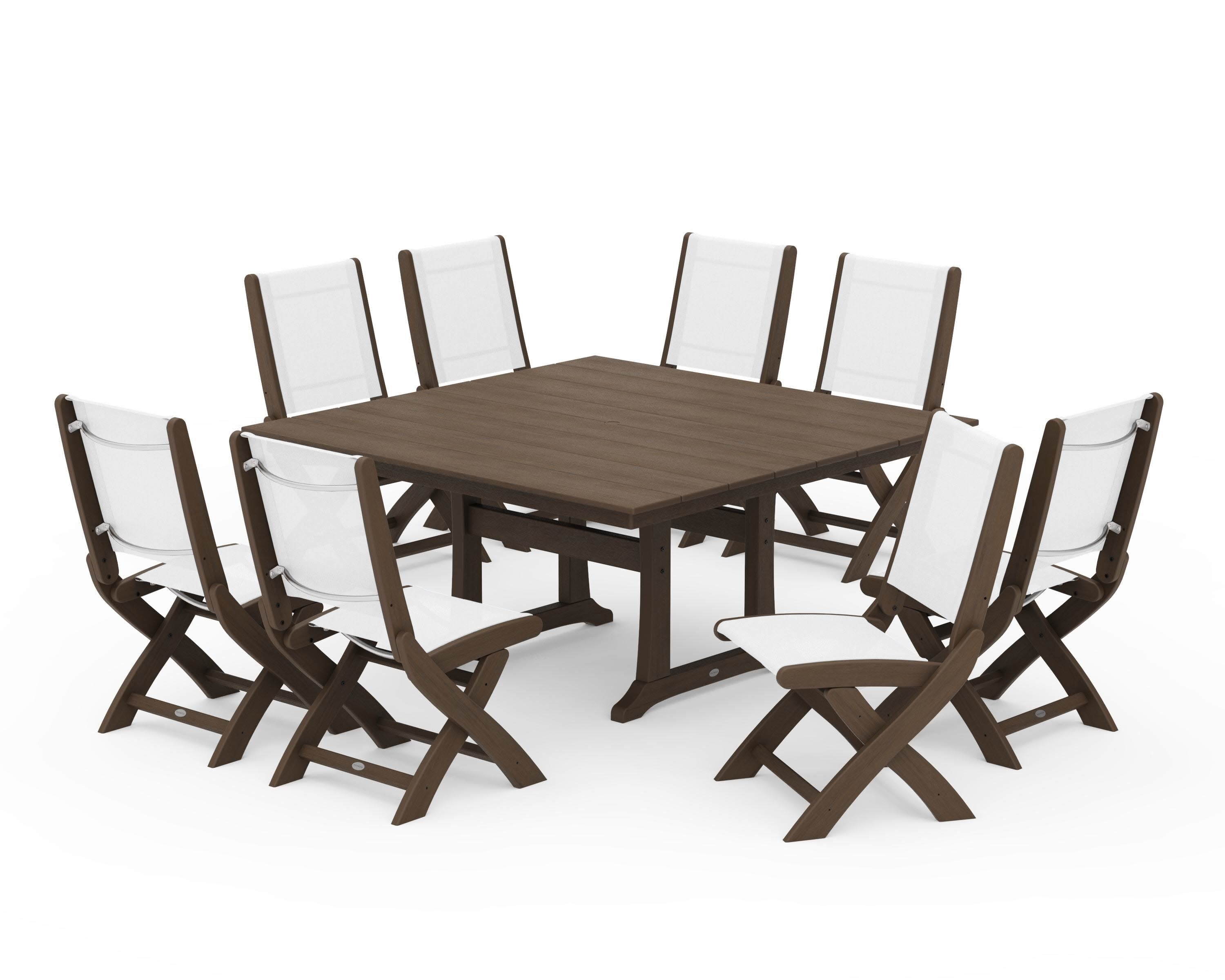 Coastal Folding Side Chair 9-Piece Farmhouse Dining Set in Kona / White Sling