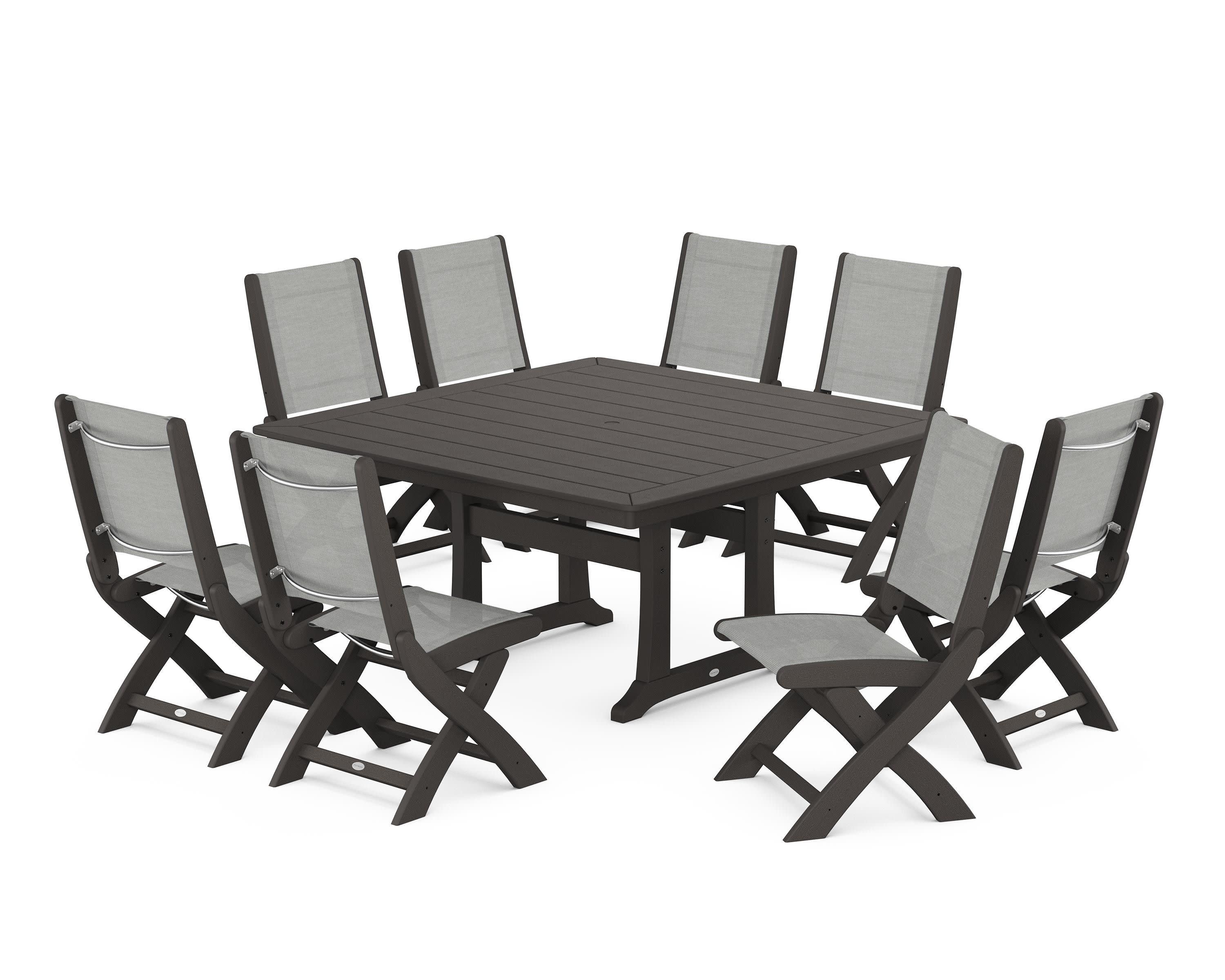 Coastal Folding Side Chair 9-Piece Dining Set with Trestle Legs in Vintage Coffee / Metallic Sling