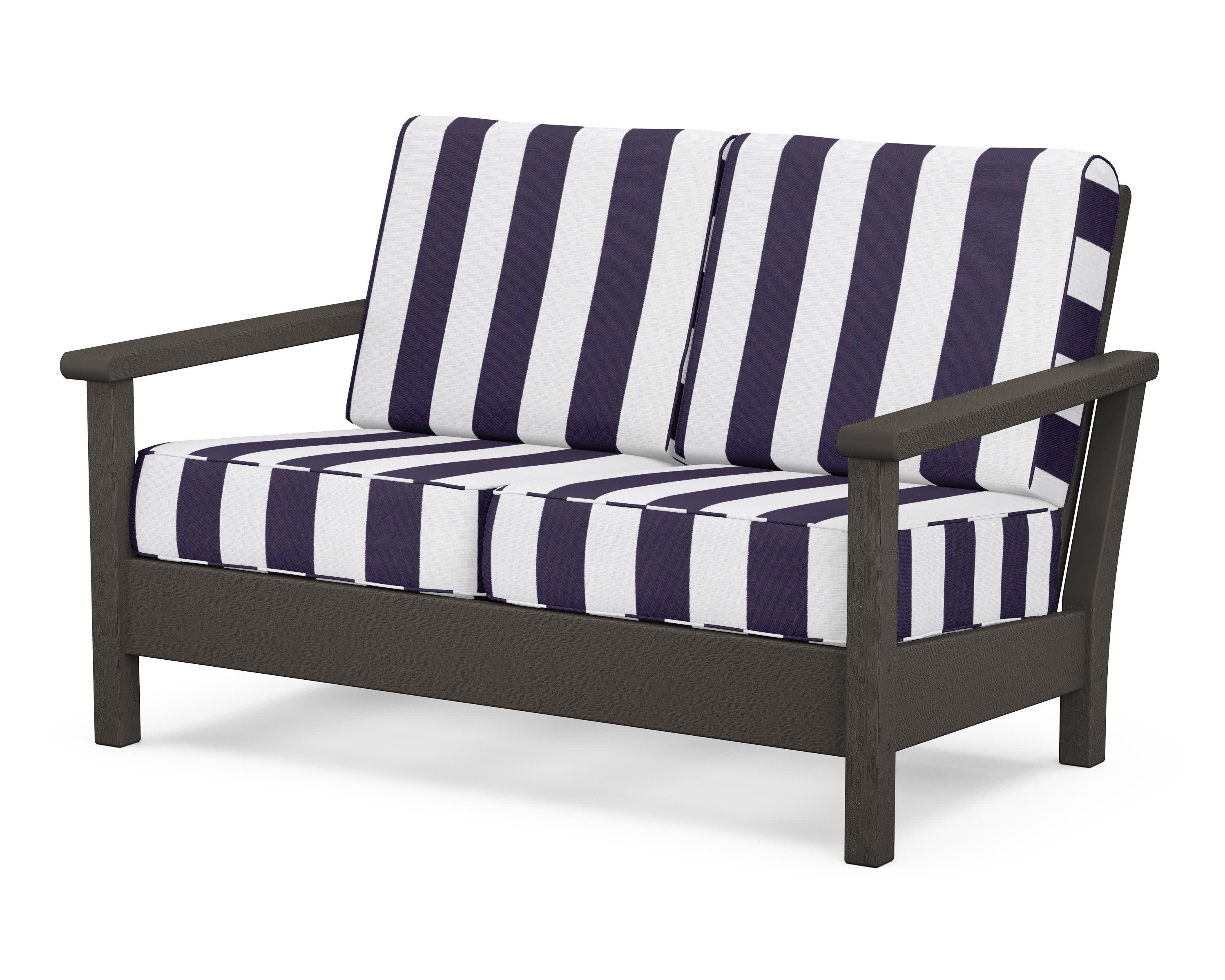 Harbour Deep Seating Loveseat in Vintage Coffee / Cabana Stripe Navy