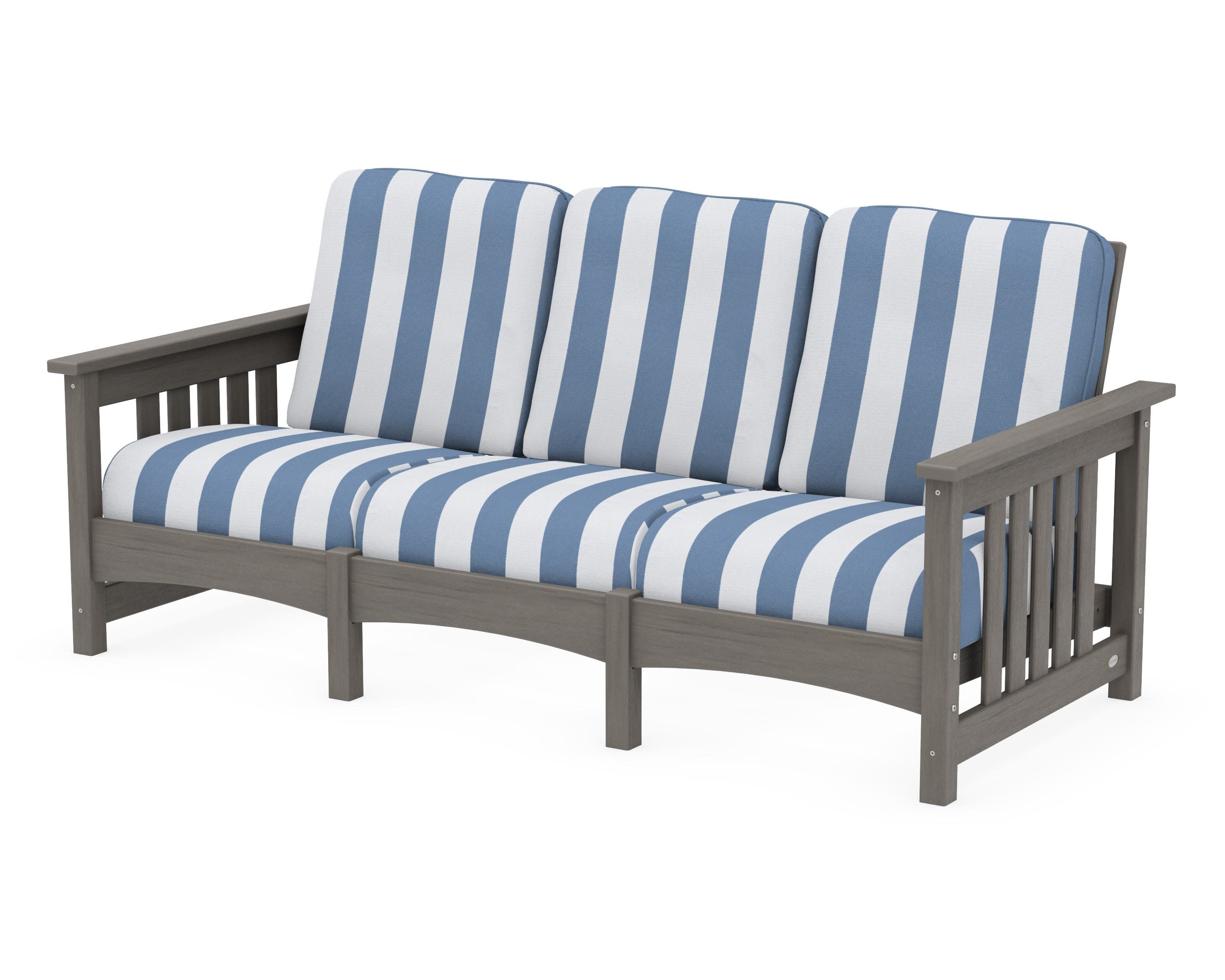 Club Mission Sofa in Driftwood / Cabana Stripe Sky Blue