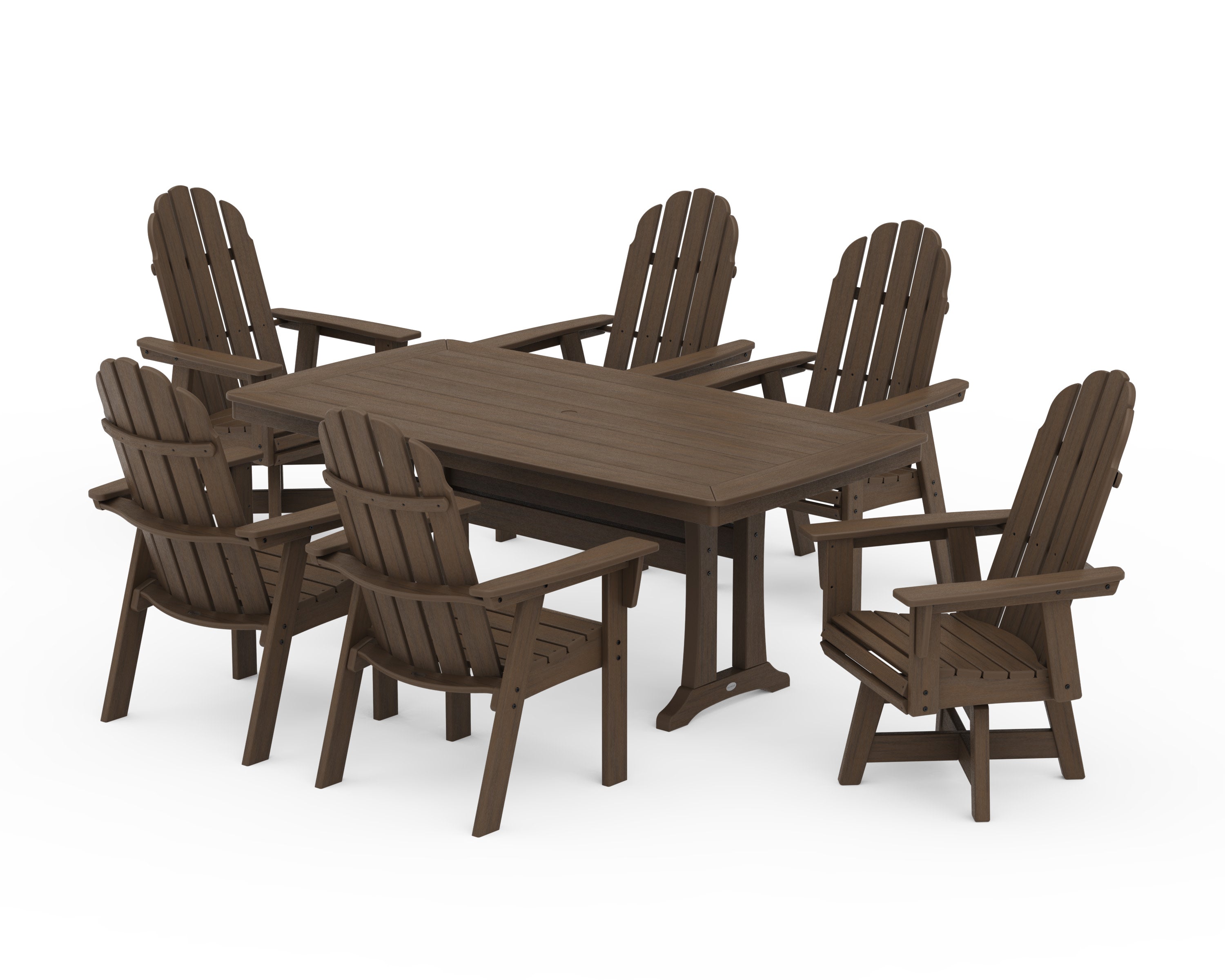 Vineyard Curveback Adirondack Swivel Chair 7-Piece Dining Set with Trestle Legs in Kona