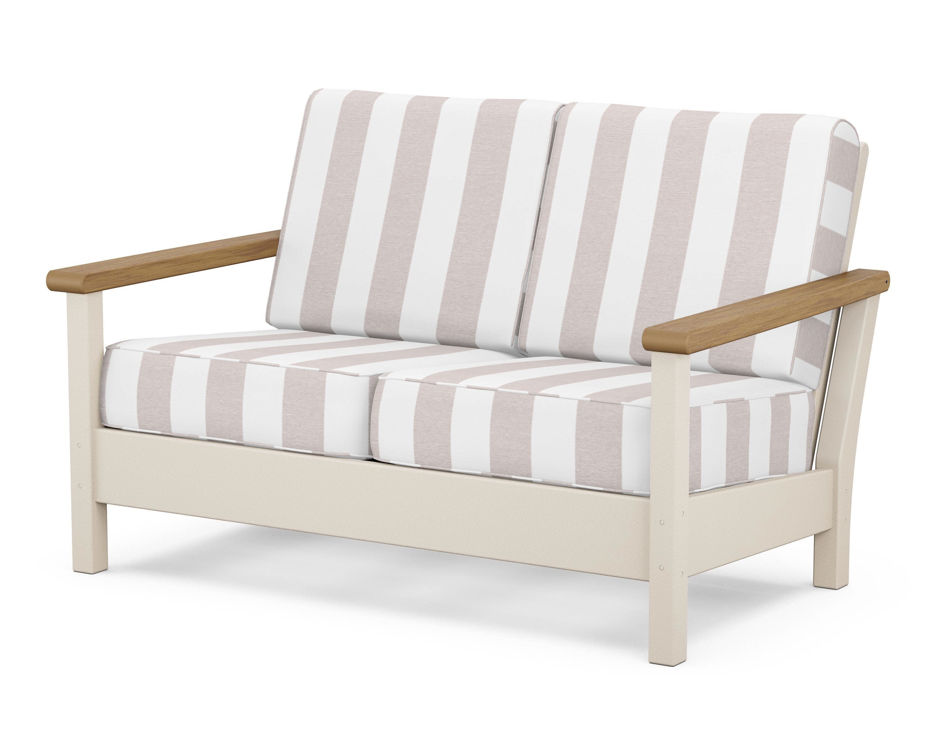 Harbour Deep Seating Loveseat in Sand / Natural / Cabana Stripe Dune Burlap