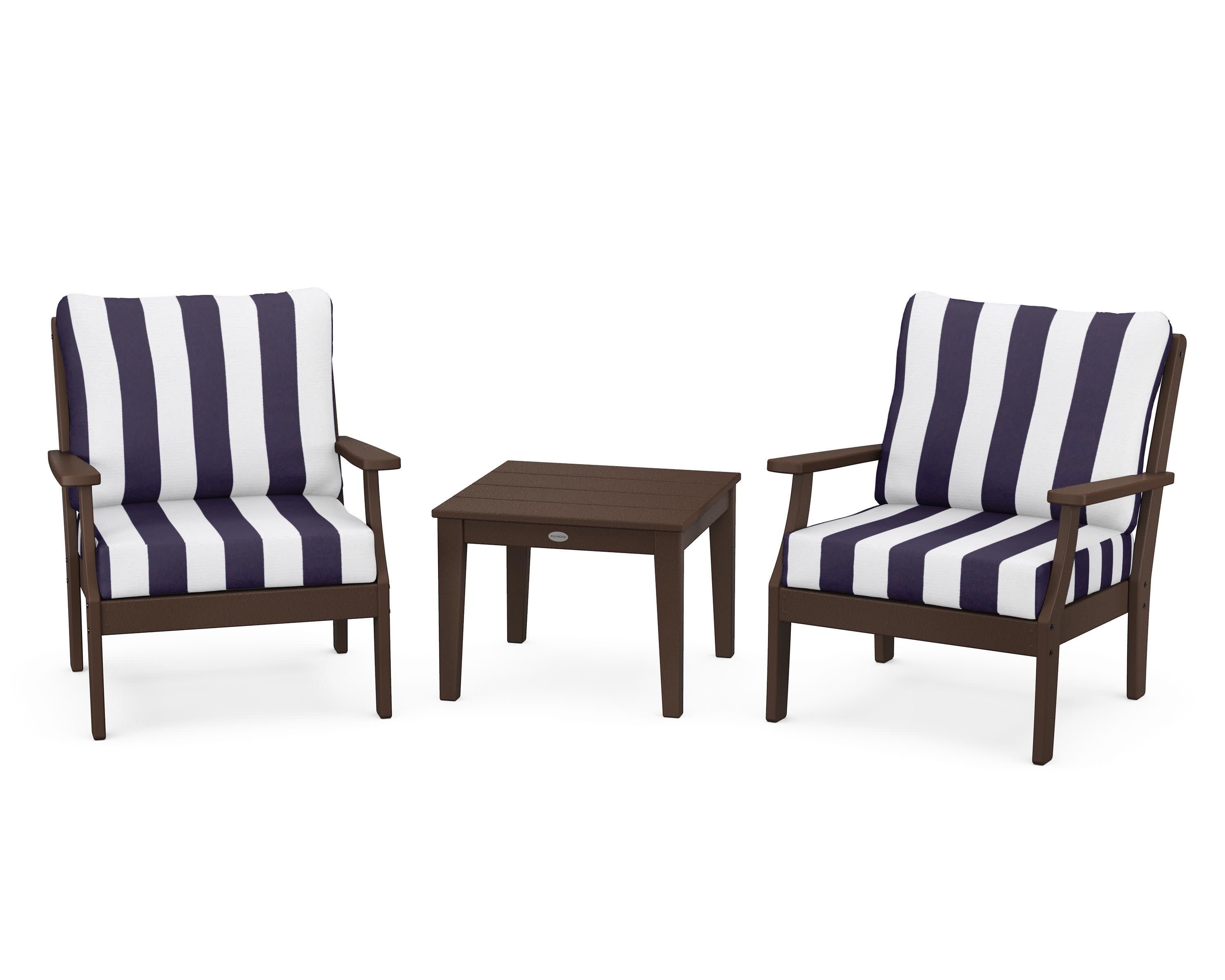 Braxton 3-Piece Deep Seating Set in Mahogany / Cabana Stripe Navy