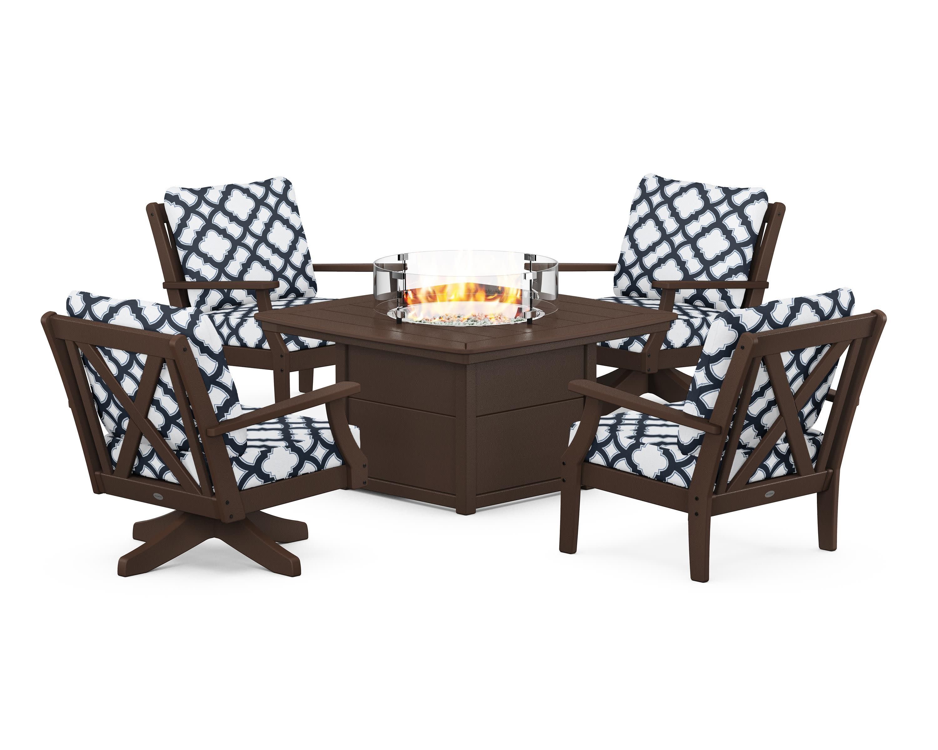 Braxton 5-Piece Deep Seating Set with Fire Table in Mahogany / Trellis Marine Indigo