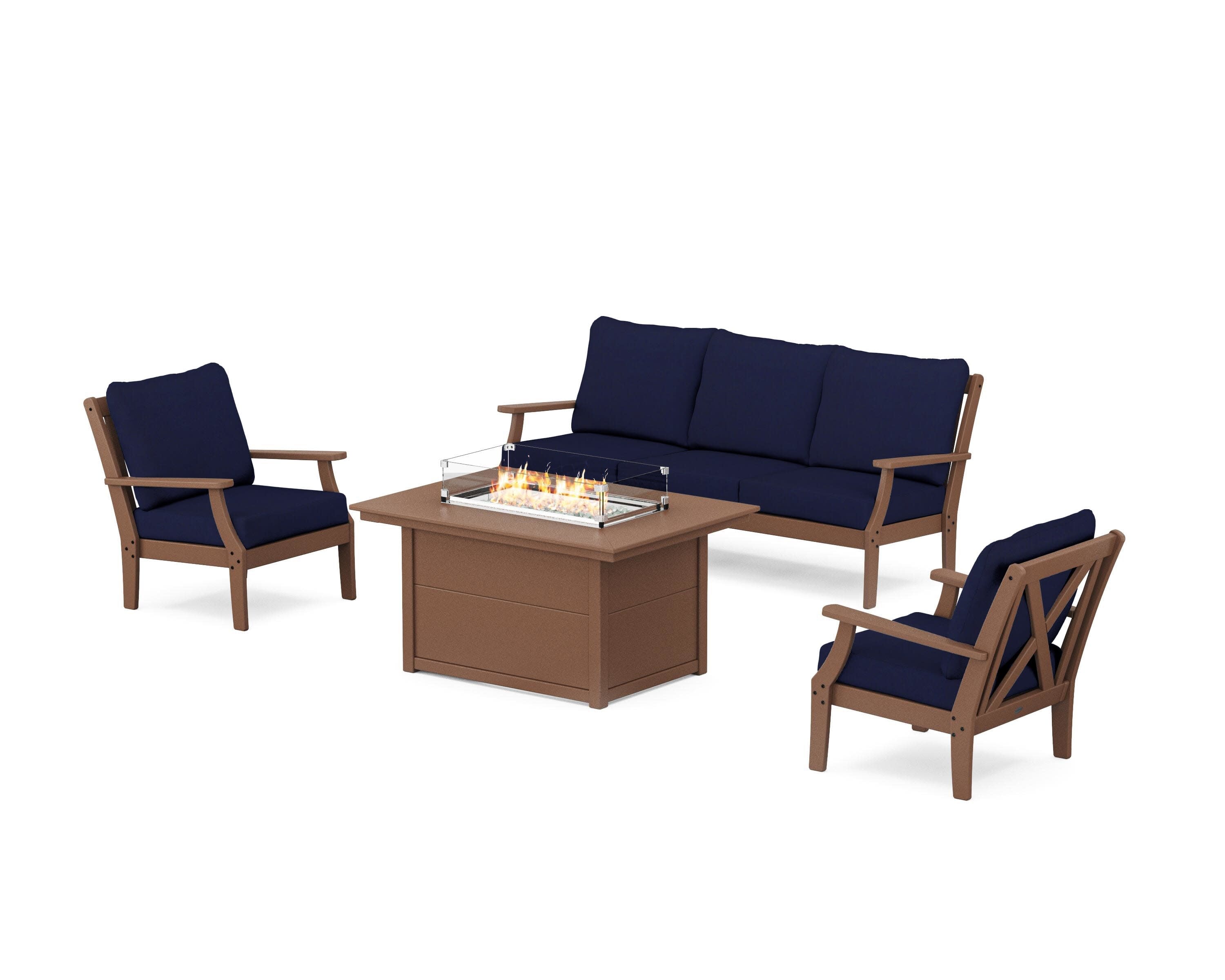 Braxton Deep Seating Fire Pit Table Set in Teak / Navy