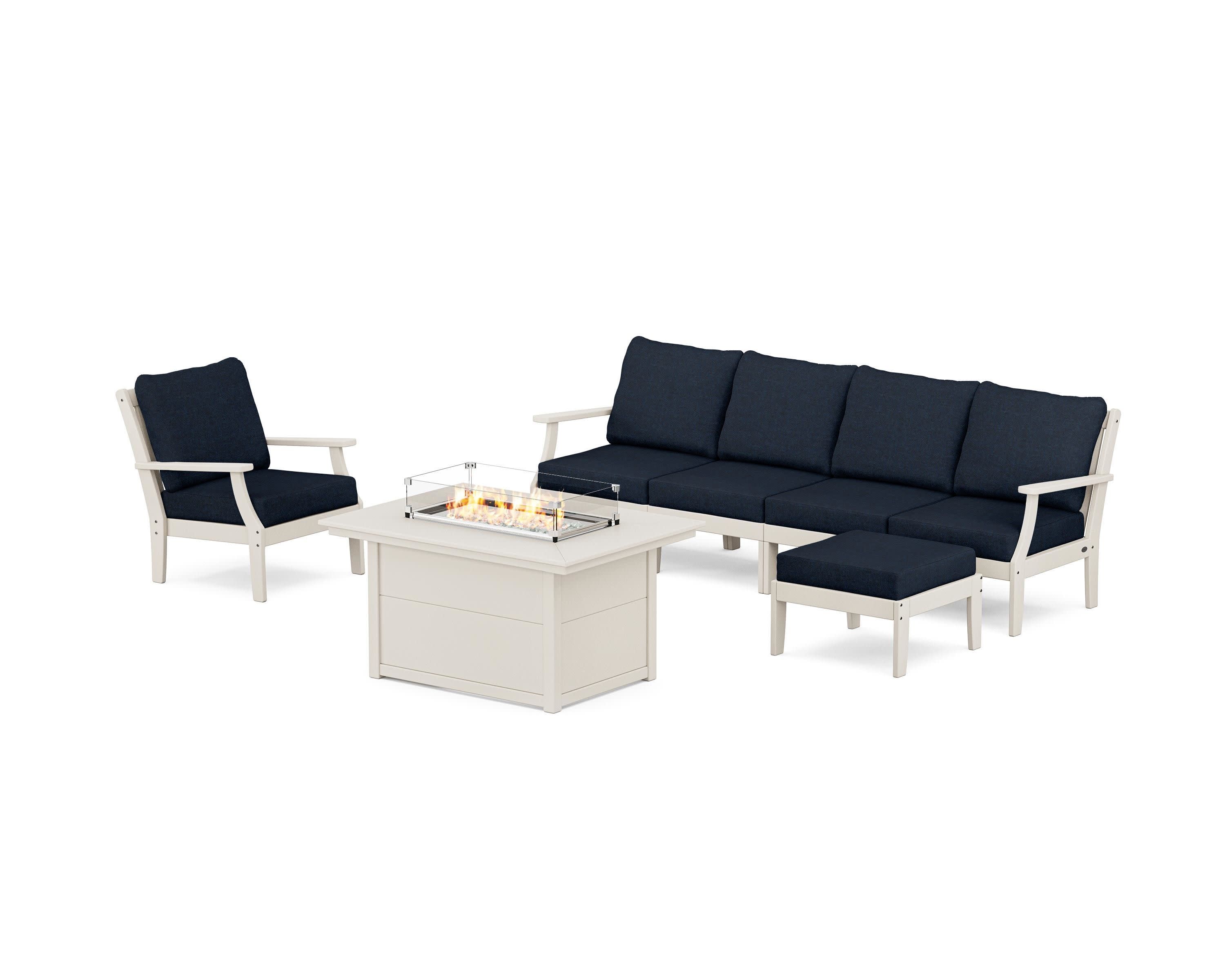 Braxton Sectional Lounge and Fire Pit Set in Sand / Marine Indigo