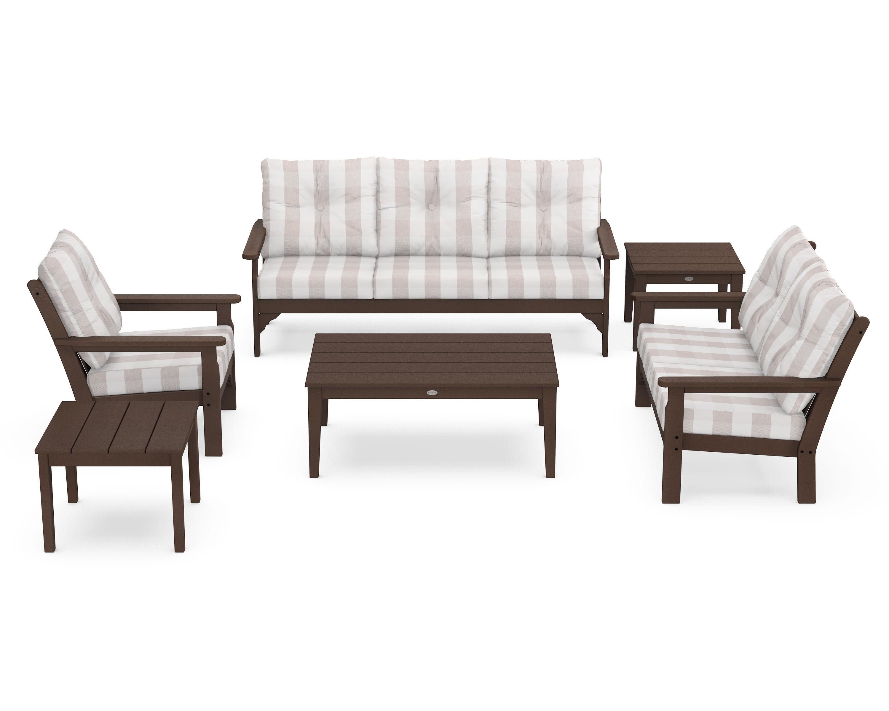 Vineyard 6-Piece Deep Seating Set in Mahogany / Buffalo Plaid Dune Burlap