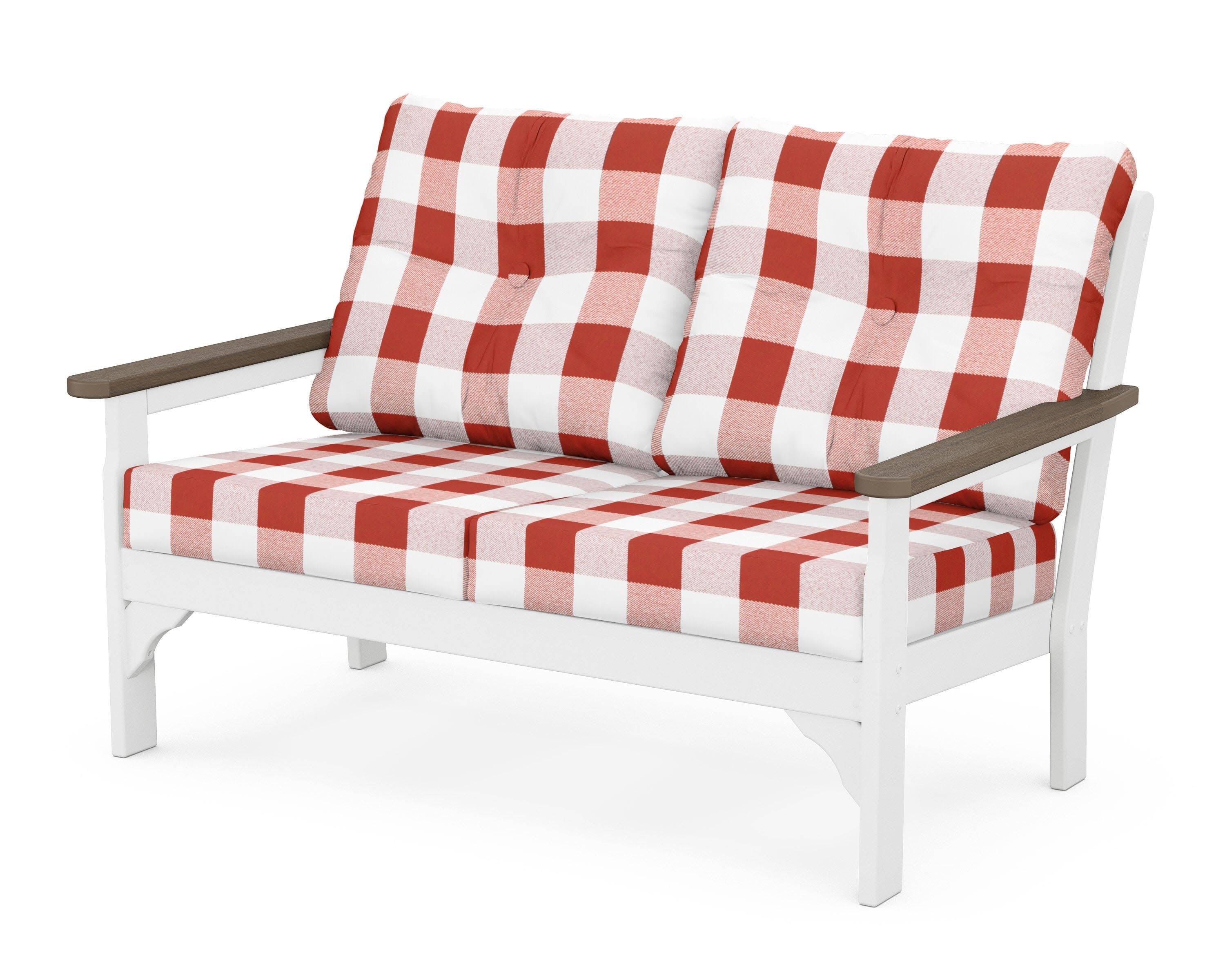 Vineyard Deep Seating Loveseat in White / Kona / Buffalo Plaid Crimson