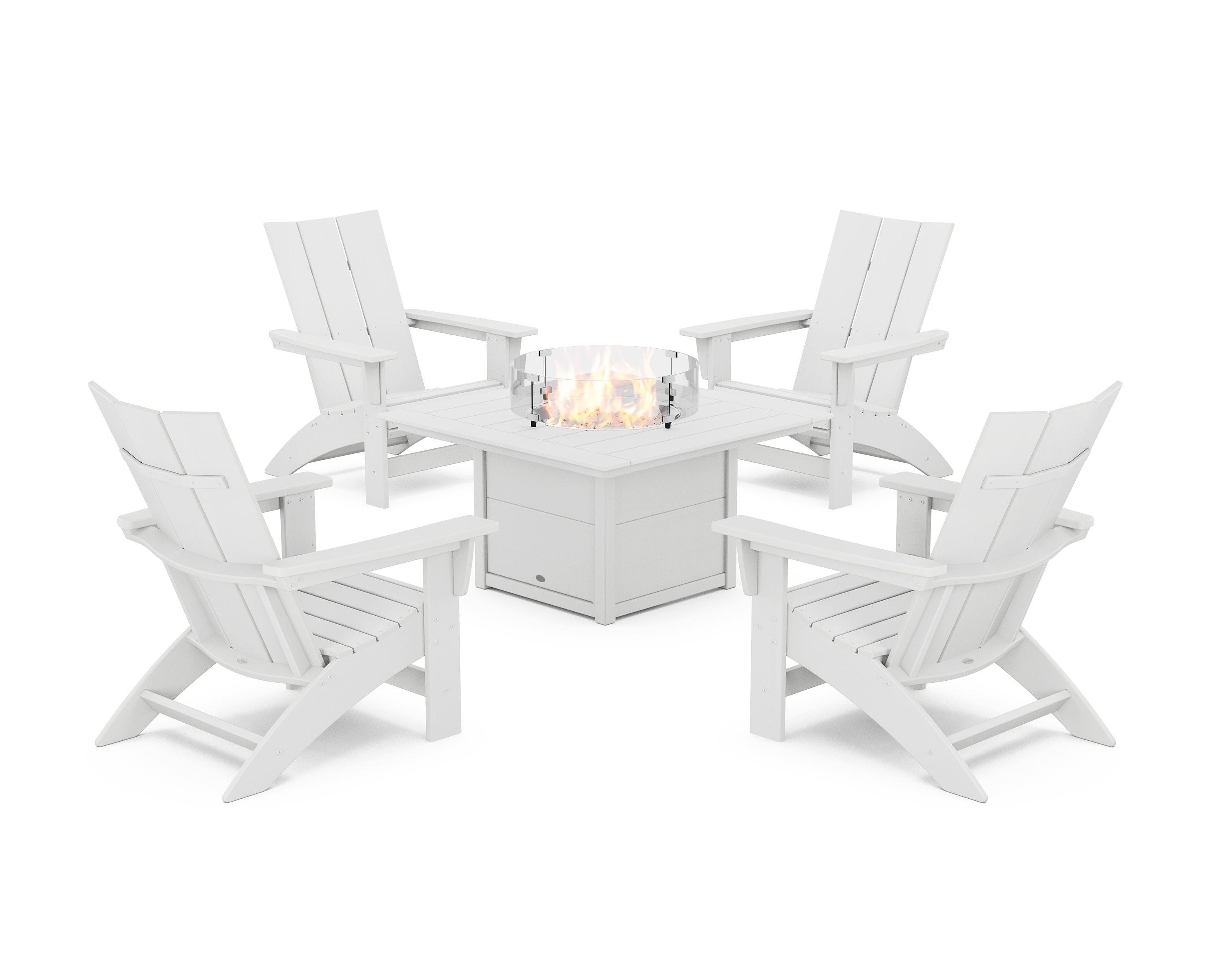 5-Piece Modern Grand Adirondack Conversation Set with Fire Pit Table in White
