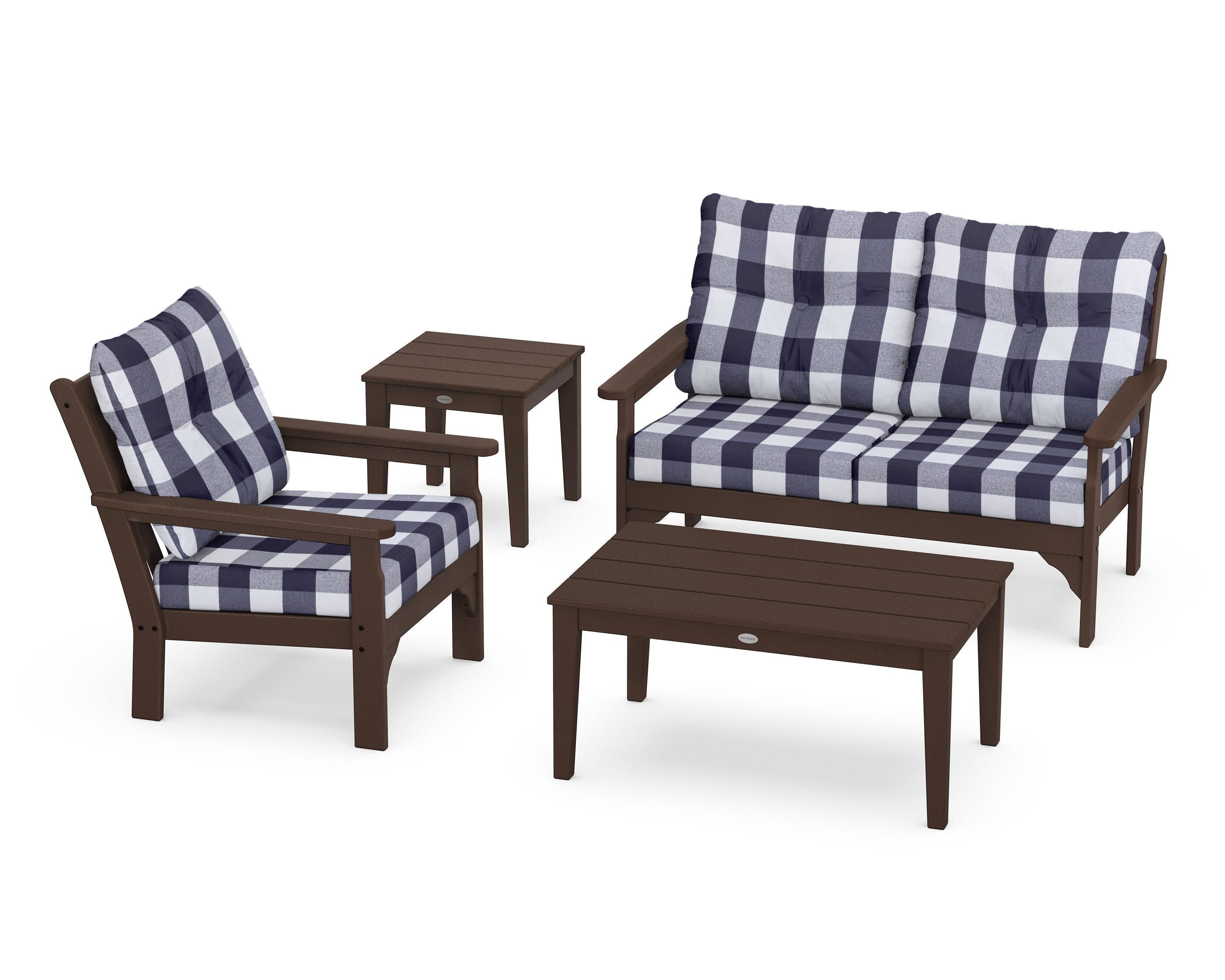 Vineyard 4-Piece Deep Seating Set in Mahogany / Buffalo Plaid Navy
