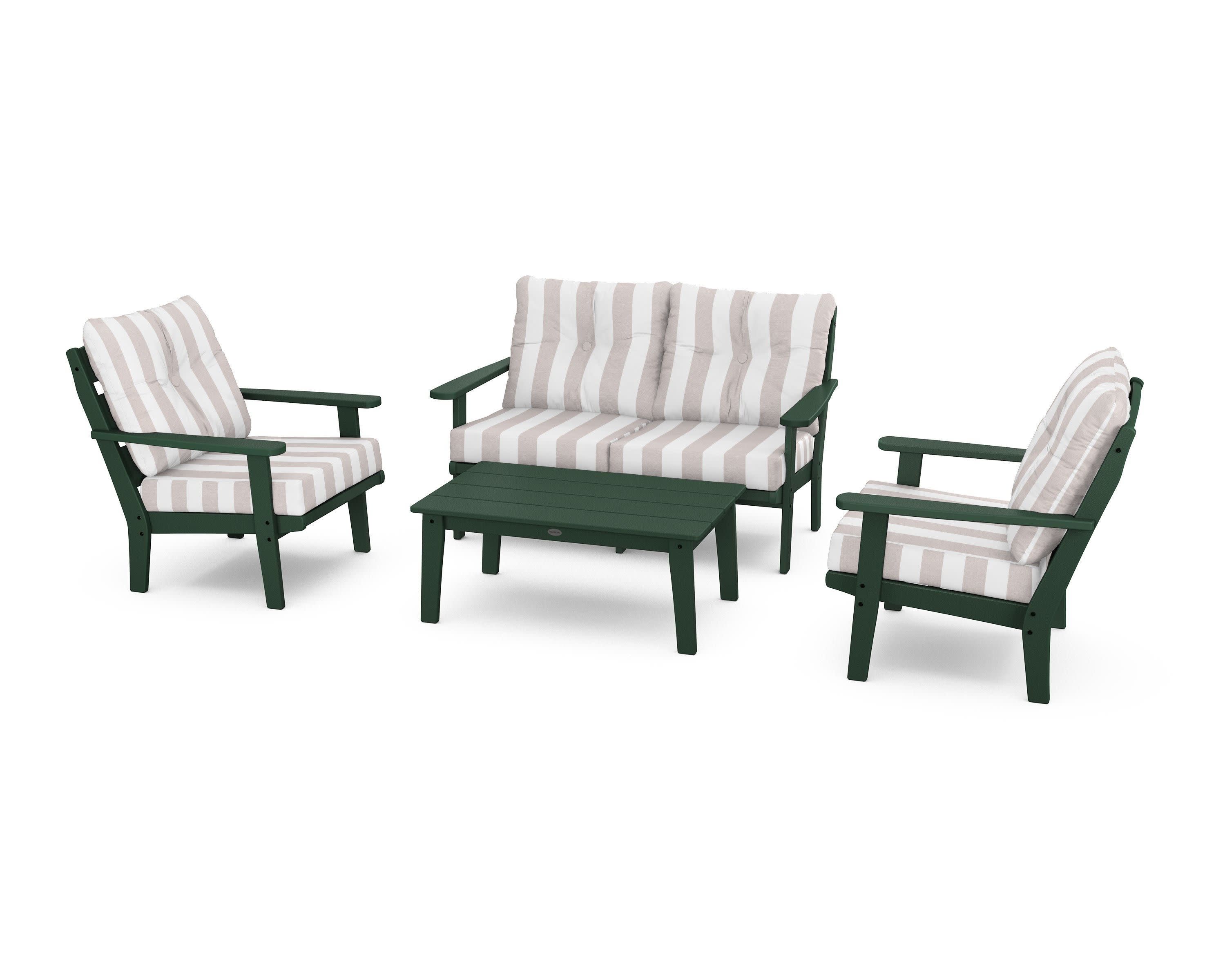 Lakeside 4-Piece Deep Seating Set in Green / Cabana Stripe Dune Burlap