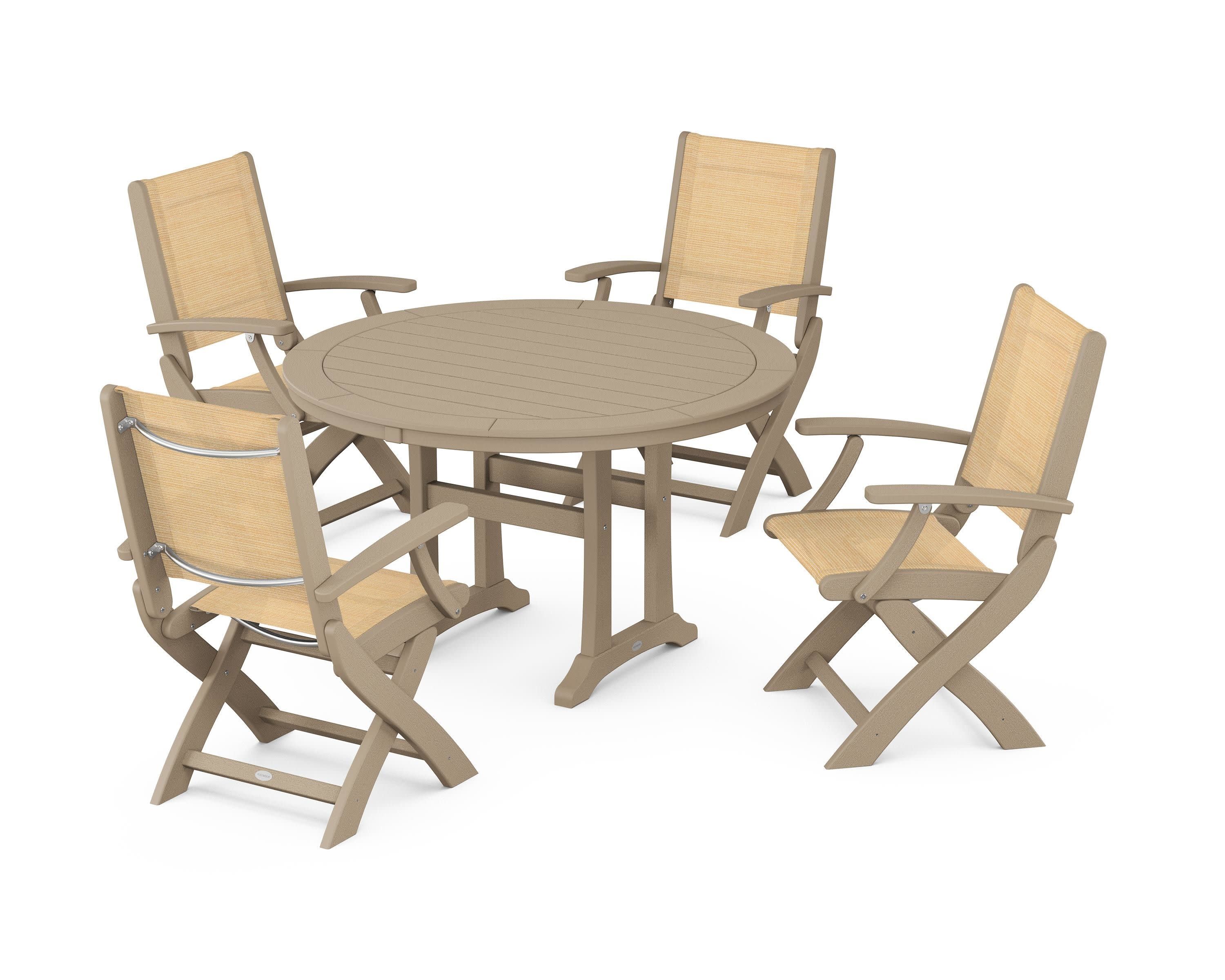 Coastal Folding Chair 5-Piece Round Dining Set with Trestle Legs in Vintage Sahara / Dupioni Apricot Sling